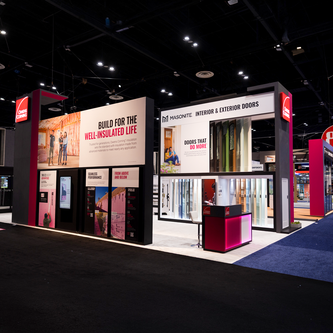 Owens Corning IBS 2026 exhibit showcasing roofing, insulation, and Masonite doors