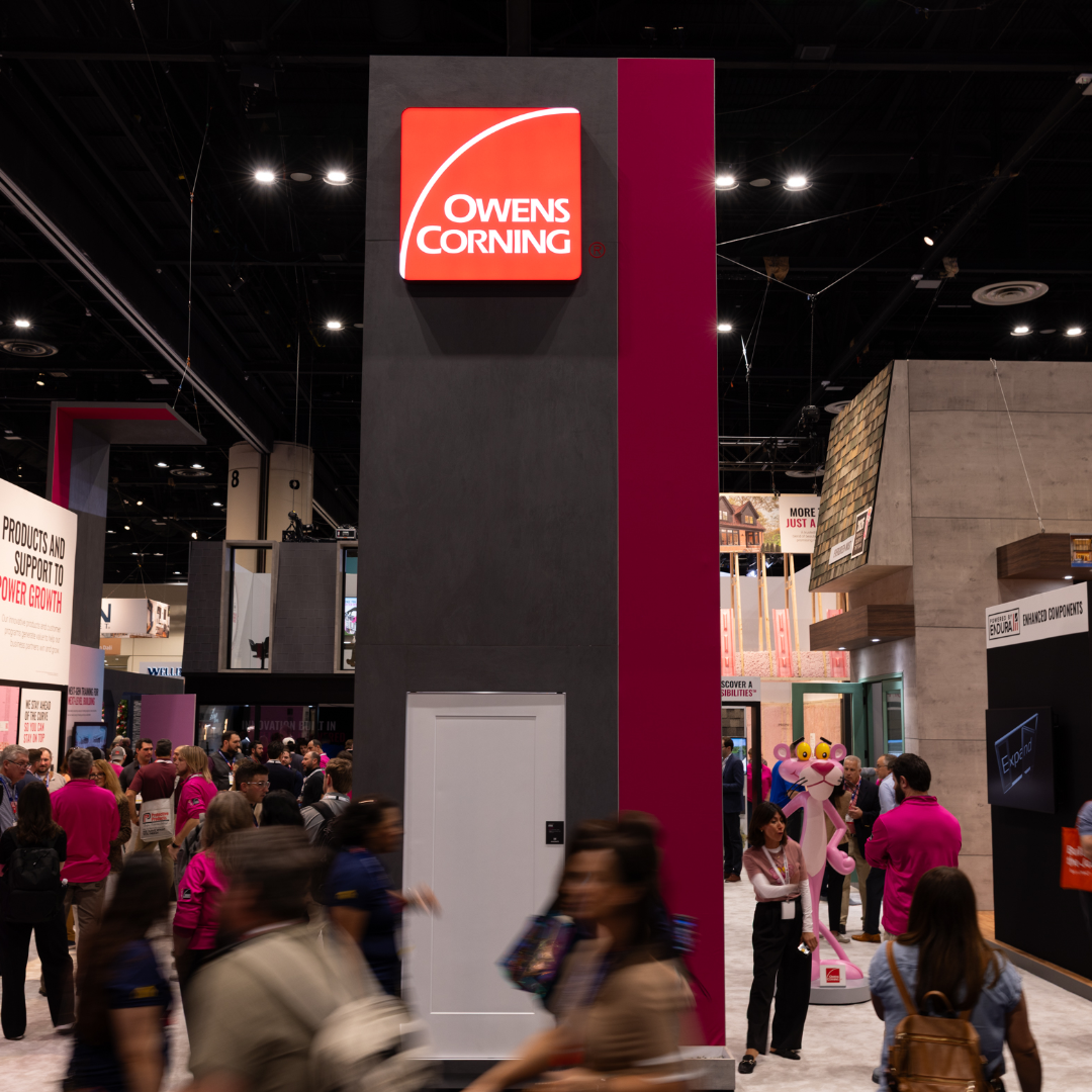 Wide view of the Owens Corning exhibit environment at IBS 2026 in Las Vegas
