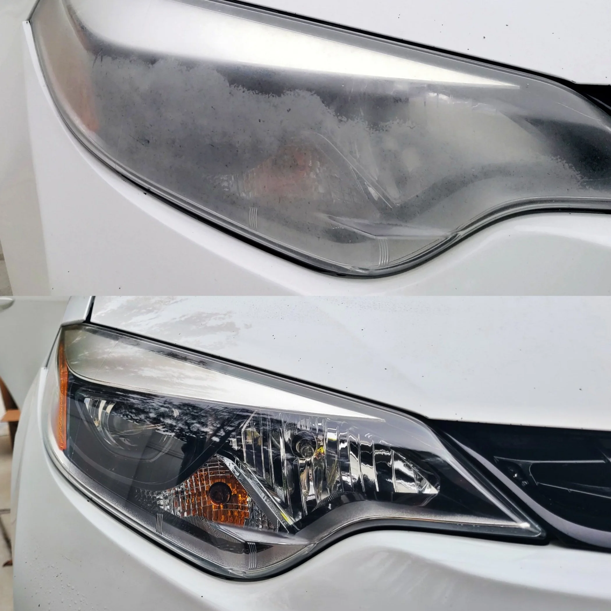 Comparison of a car's headlight before and after cleaning. The top image shows a foggy, dirty headlight, while the bottom image shows a clear, clean headlight with wild detail.