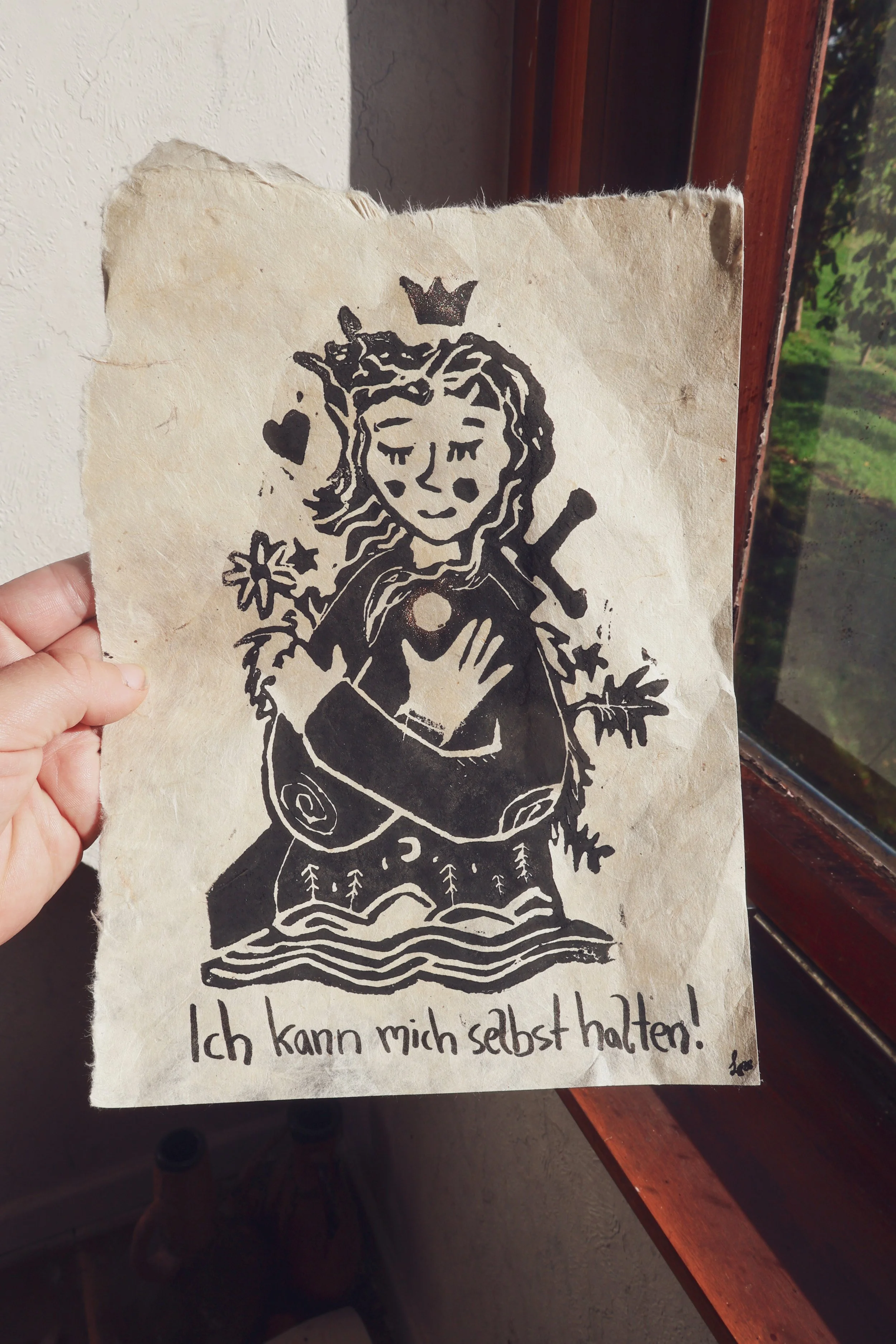 Ich kann mich selbst halten Linoldruck