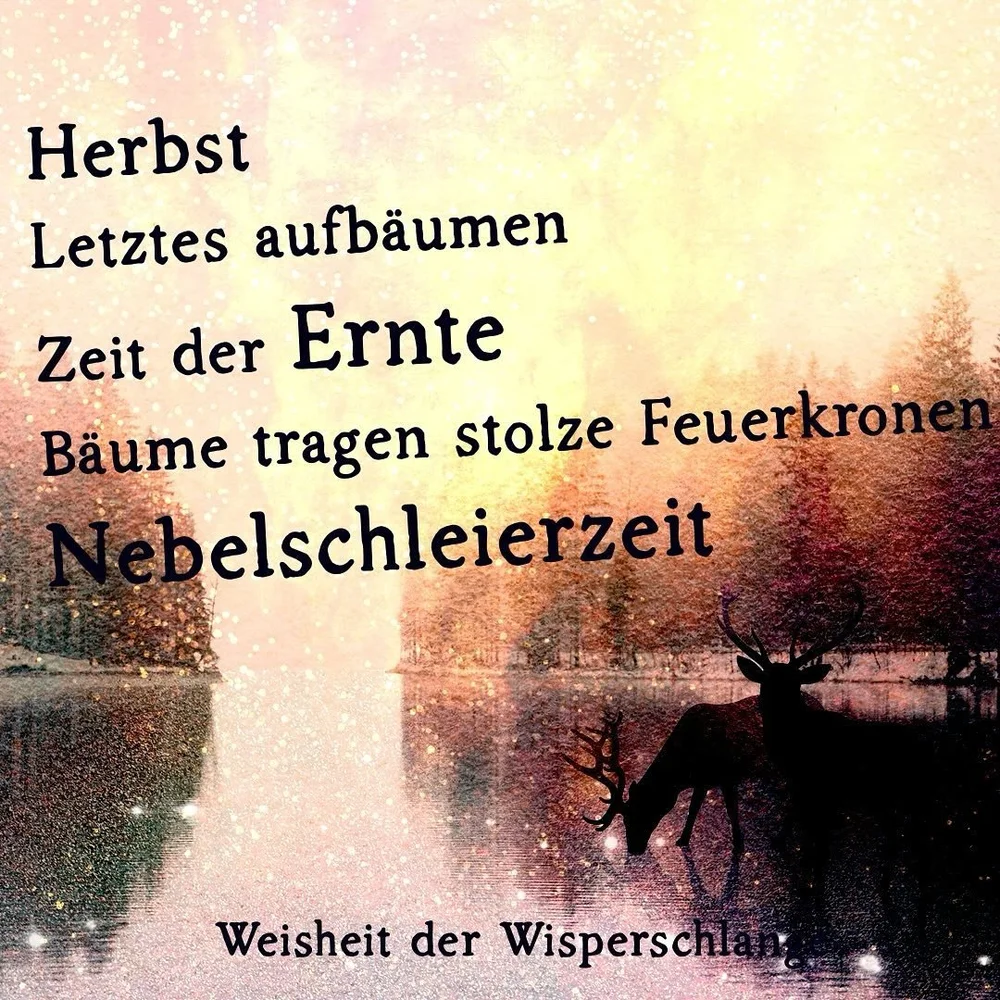 Weisheiten der Wisperschlange

Herbst
Letztes Aufb&auml;umen 
Zeit der Ernte
B&auml;ume tragen stolze Feuerkronen
Nebelschleierzeit

#triumphderhimmelblauennacht  #lisabrenk #gedicht #winterbuch #m&auml;rchen