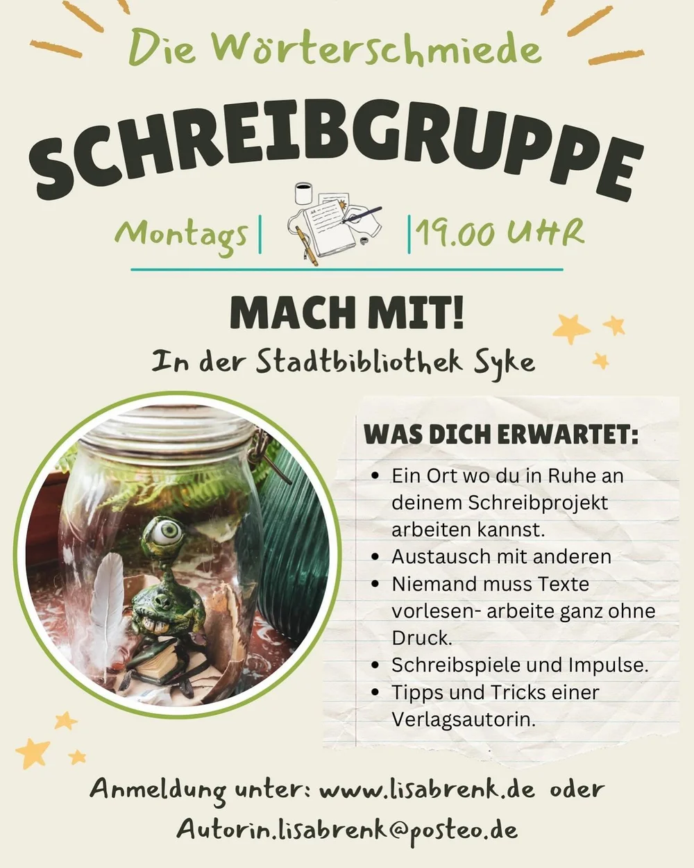 Ab Montag den 2. Dezember startet ich eine gem&uuml;tliche Schreibgruppe in Syke!

Wir treffen uns Montags um 19.00 Uhr in der Stadtbibliothek in Syke um an unseren Texten zu arbeiten.

Dabei ist es egal ob du an deinem Buch schreibst, Gedichte verfa