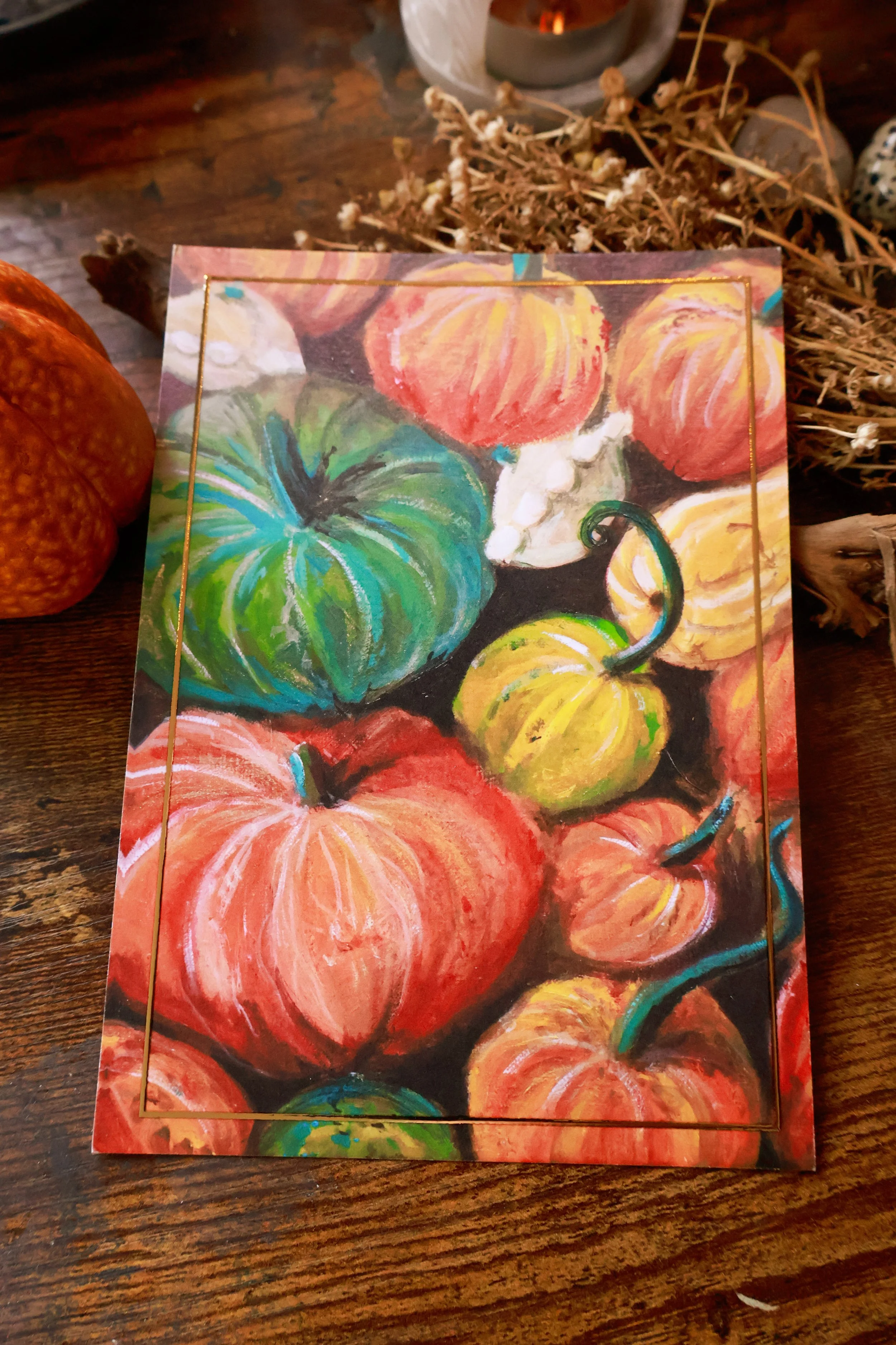 Cosy Herbst Postkarte mit Kürbis
