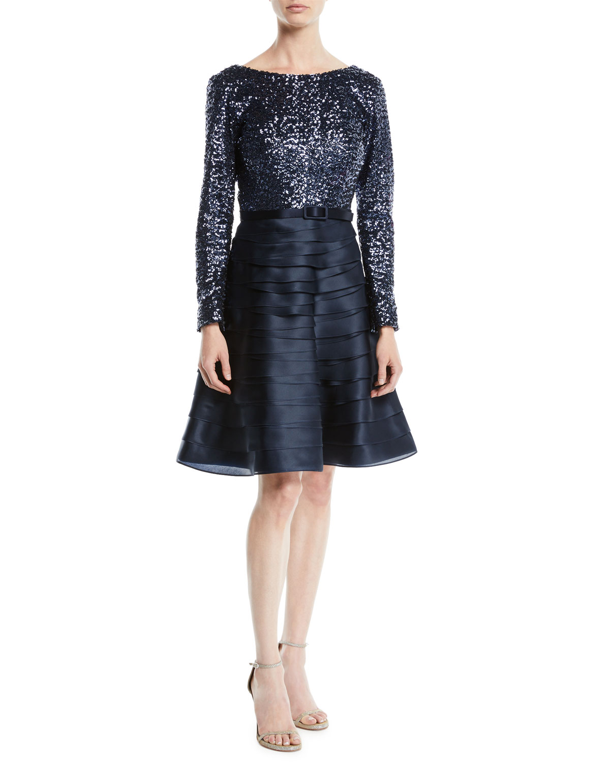 Roland Nivelais: Boat-Neck Long-Sleeve Sequin-Top Tiered Organza Cocktail Dress