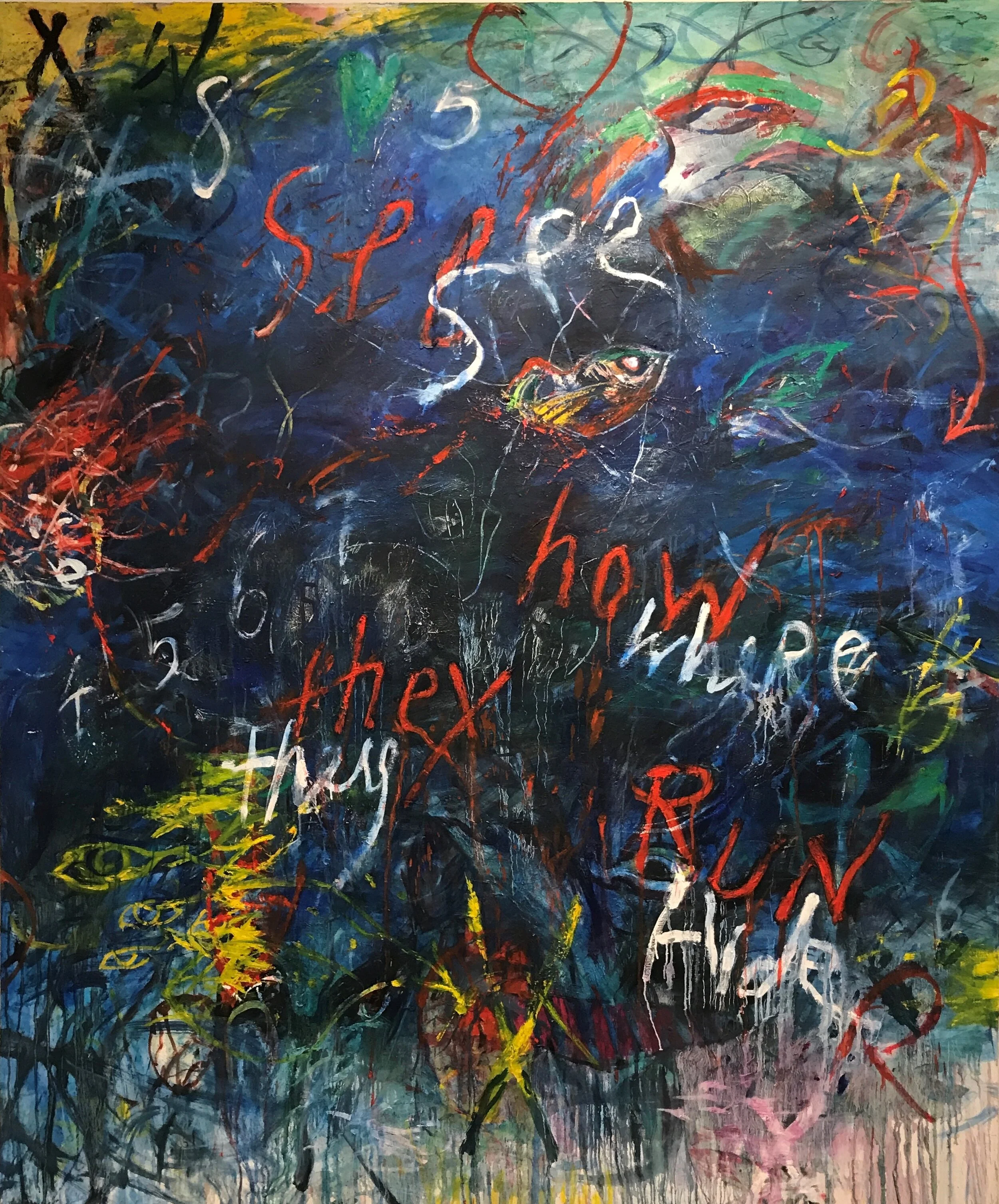 Ford Crull, See How They Run, See How They Hide, 2018. Oil, oil stick and wax on canvas, 72 by 60 inches.