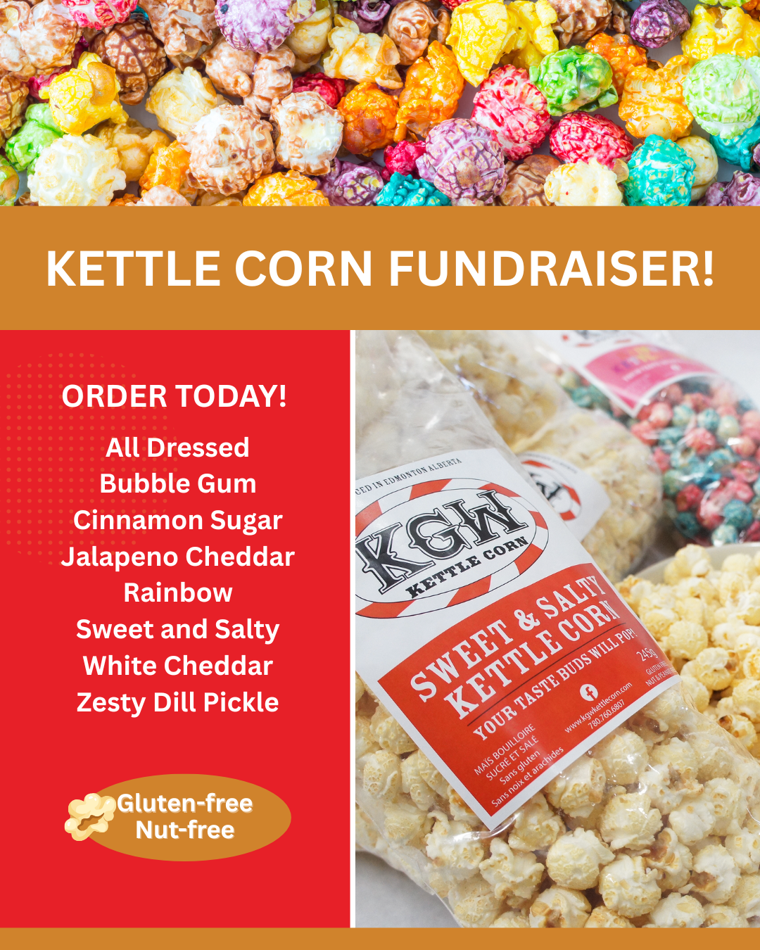 Kettle Corn Fundraiser poster with colourful popcoran and kettle corn packaging.