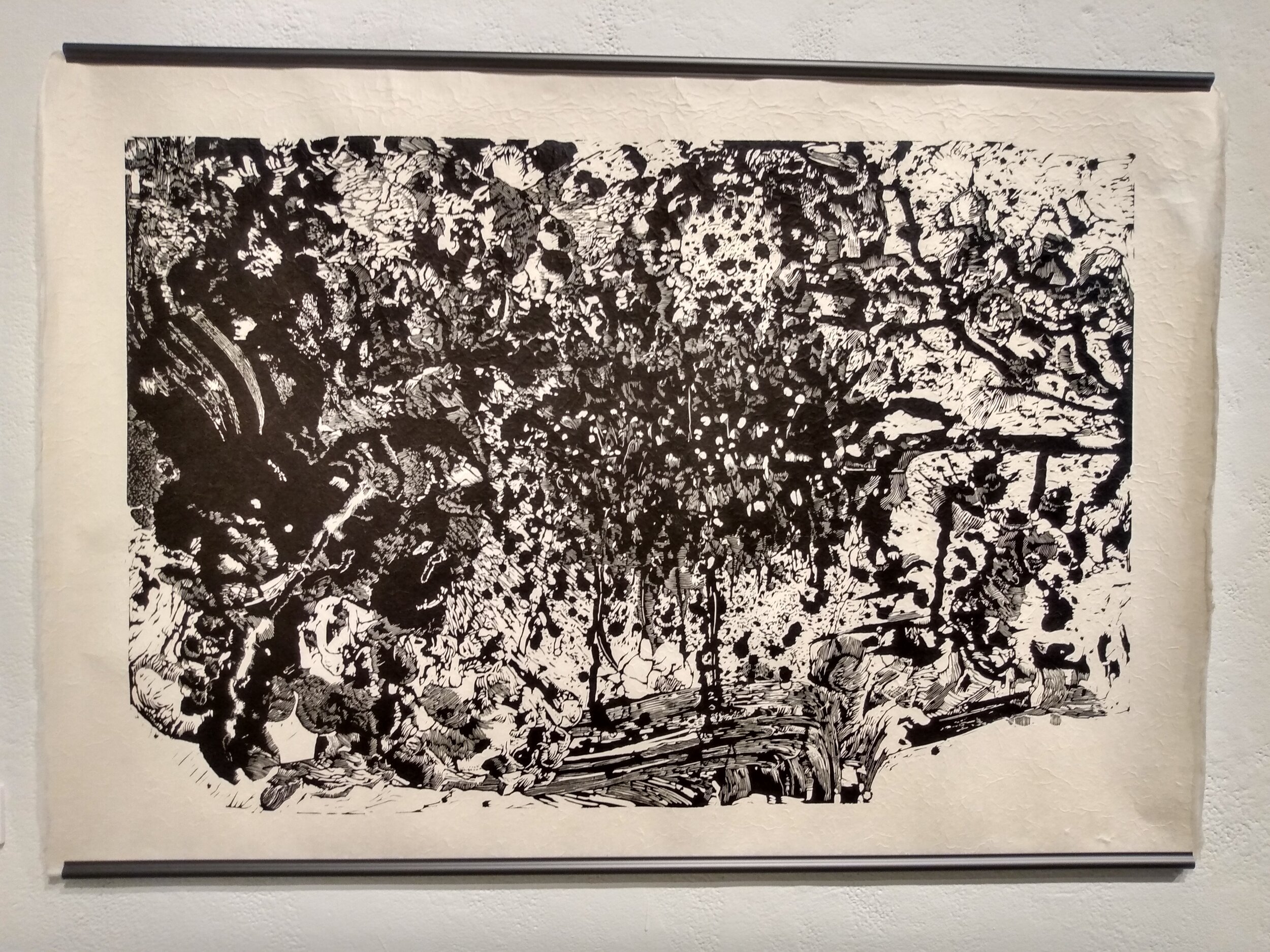 Cyclical Jittering, 42" x 30". Linoleum relief on handmade abaca paper. 2021