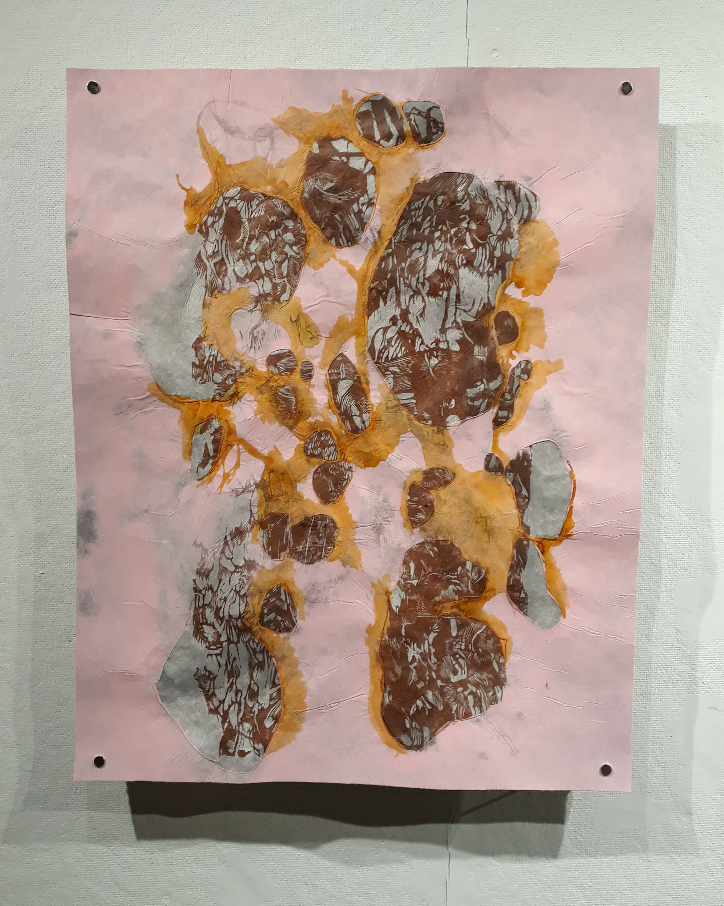 Intangible Attrition (Panel #1). Linoleum Relief, Handmade abaca paper, and Iodine. 2020.