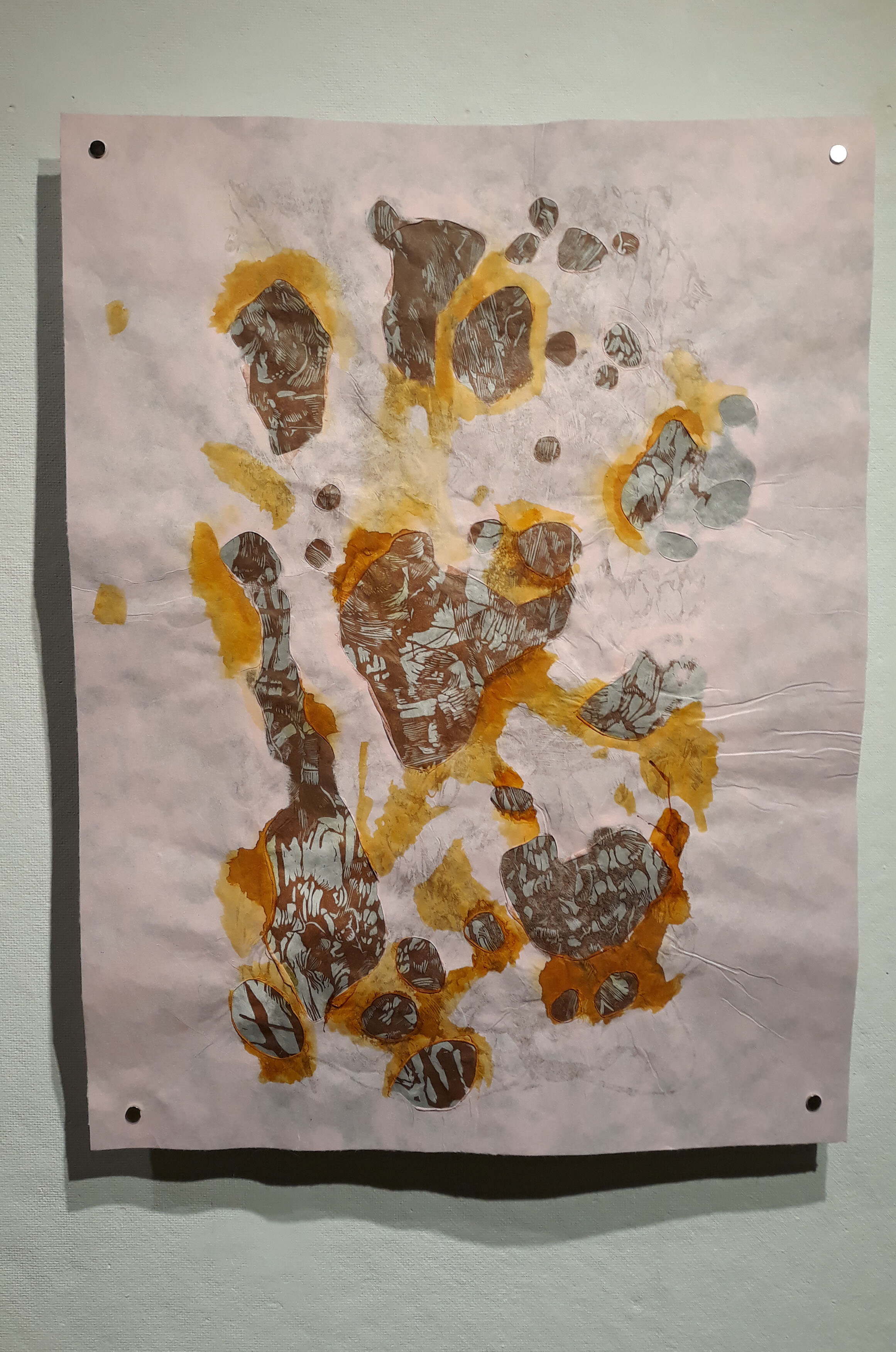 Intangible Attrition (Panel #2). Linoleum Relief, Handmade abaca paper, and Iodine. 2020.