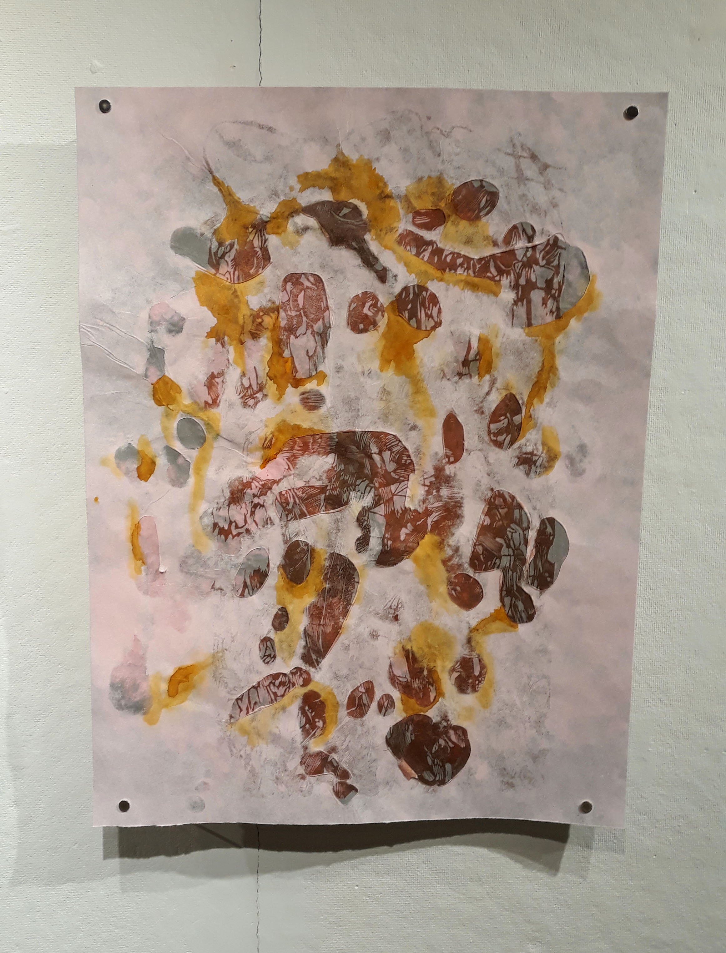 Intangible Attrition (Panel #3). Linoleum Relief, Handmade abaca paper, and Iodine. 2020.