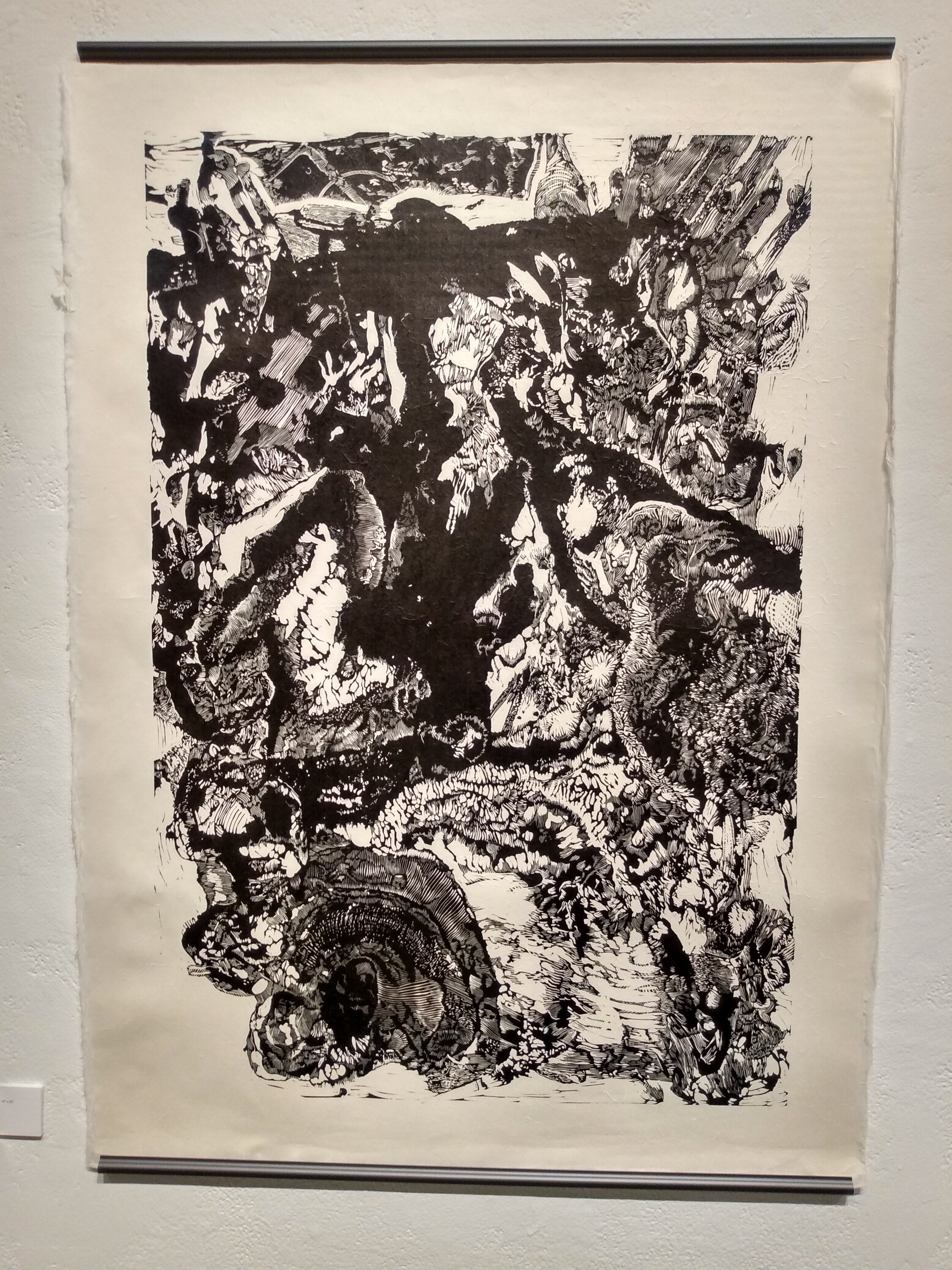 Listless Gesture, 42" x 30". Linoleum relief on handmade abaca paper. 2021.
