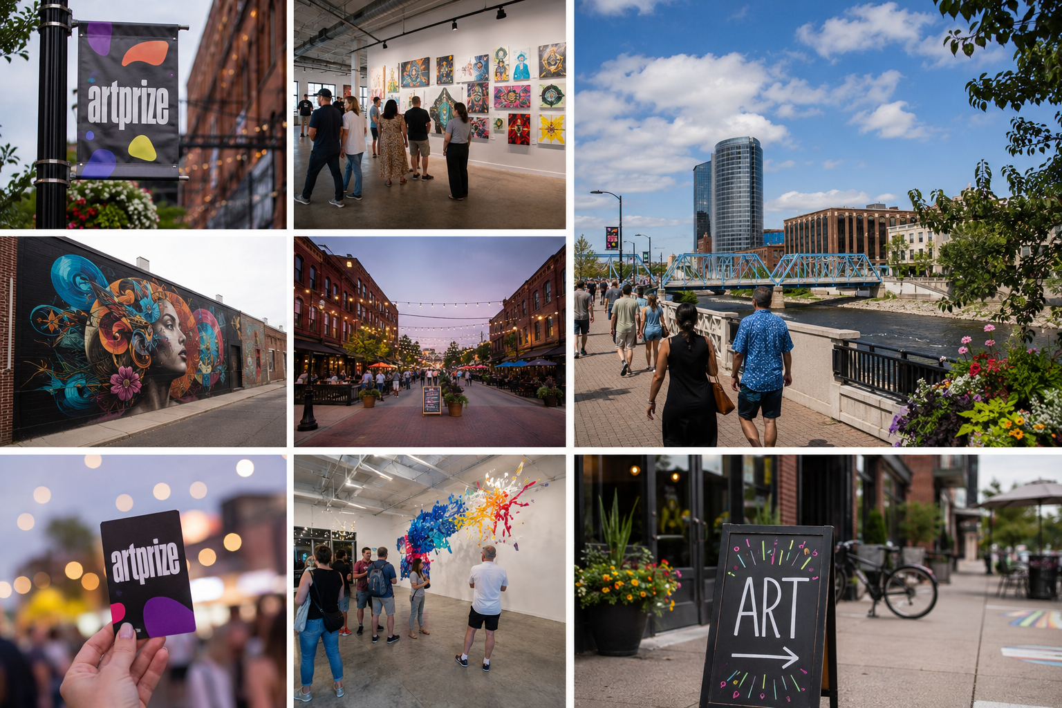 ArtPrize-inspired scenes showing public art, galleries, murals, and visitors exploring Grand Rapids and the West Side during the 2026 arts festival.