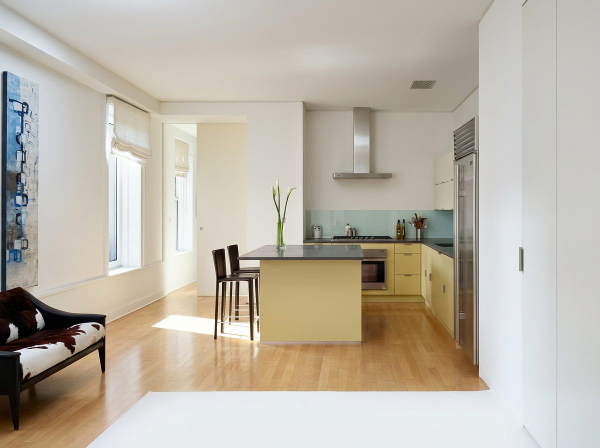 Sullivan Street Loft living and dining space designed by Tina Manis Associates, featuring exposed brick, custom seating, and full-height windows