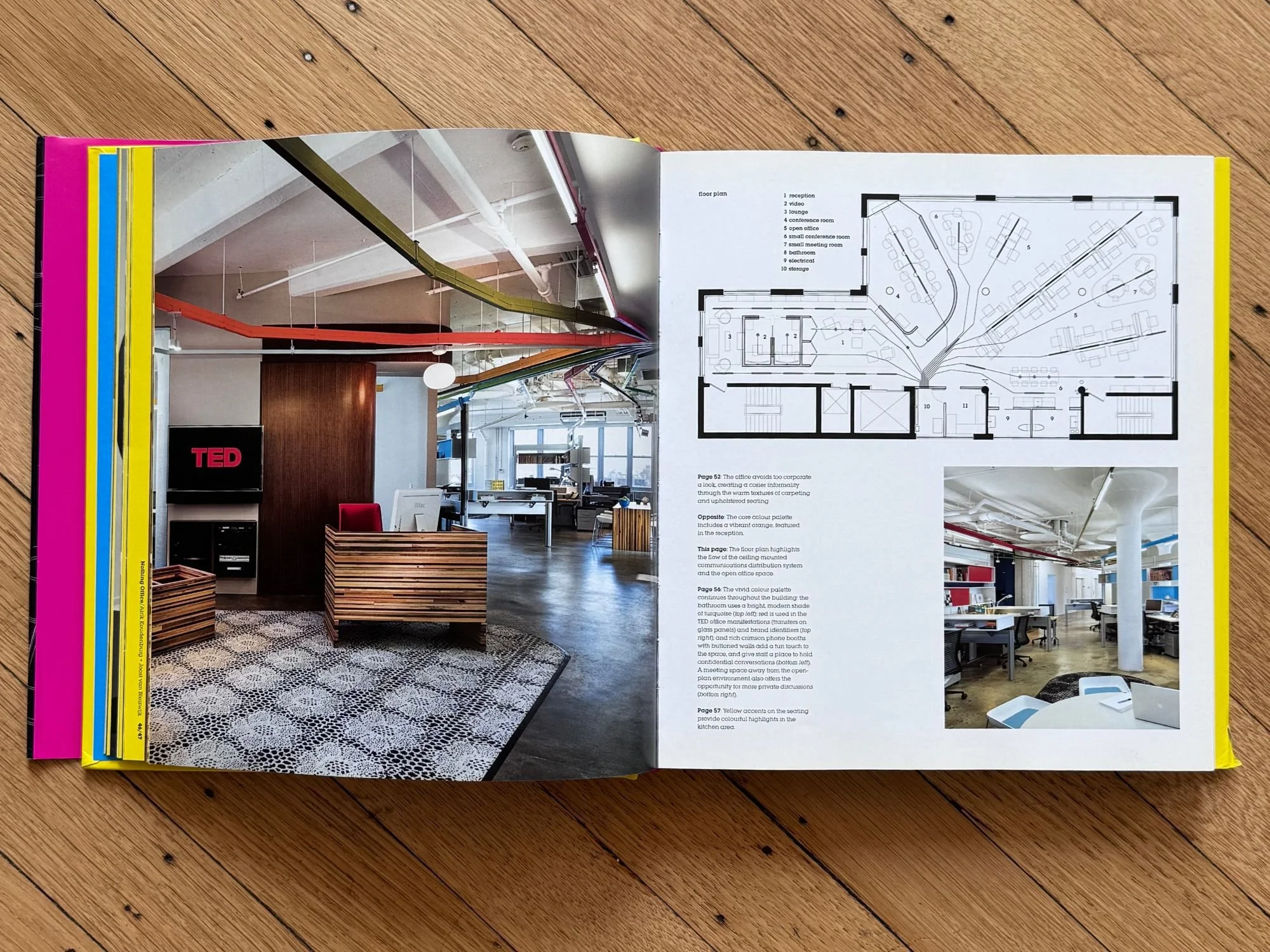 TED Conferences office in New York by Tina Manis Associates, showing color-coded ceiling-mounted service channels above an open lounge area