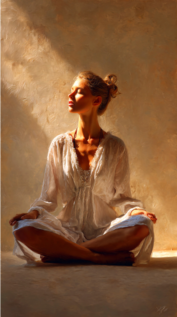 A young woman sitting cross-legged on the floor with her eyes closed, wearing a loose white dress, illuminated by warm sunlight coming from the left side, creating a peaceful and serene atmosphere.