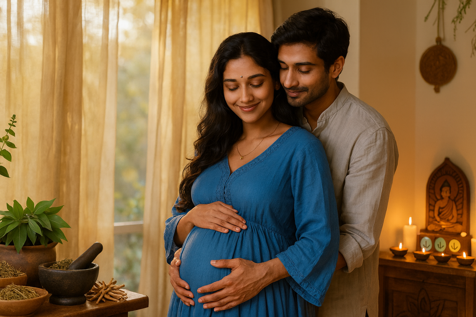 A pregnant woman in a blue dress stands with a man behind her in a cozy, warmly lit room. They are smiling with eyes closed, holding her belly affectionately.