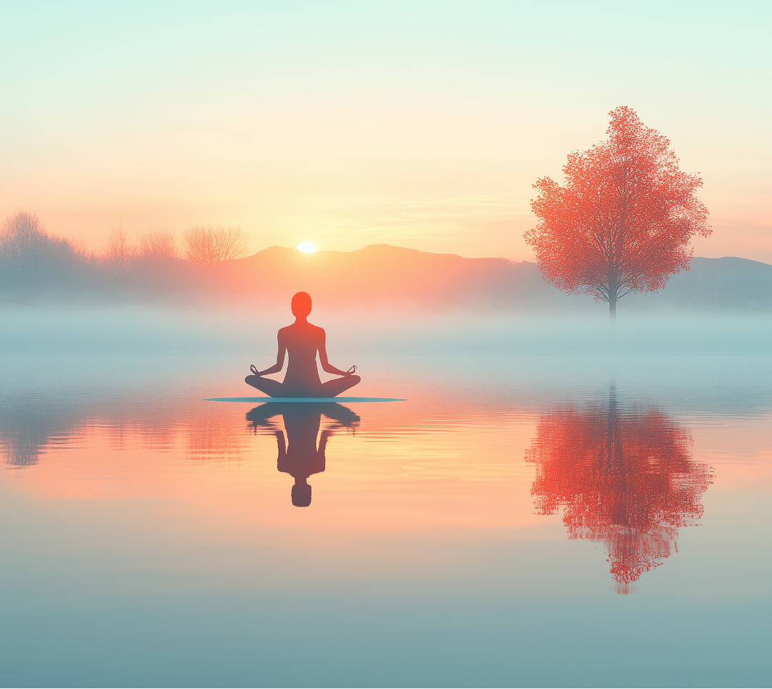 A person practicing yoga in a meditative pose on a paddleboard at sunrise on a calm lake, with trees and mountains in the background and their reflection visible in the water.
