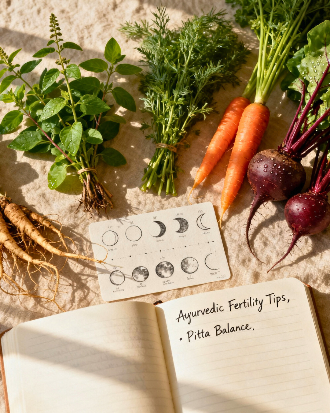 Fresh herbs, carrots, beets, moon phase chart, and an open notebook with Ayurvedic fertility tips on a beige cloth surface.