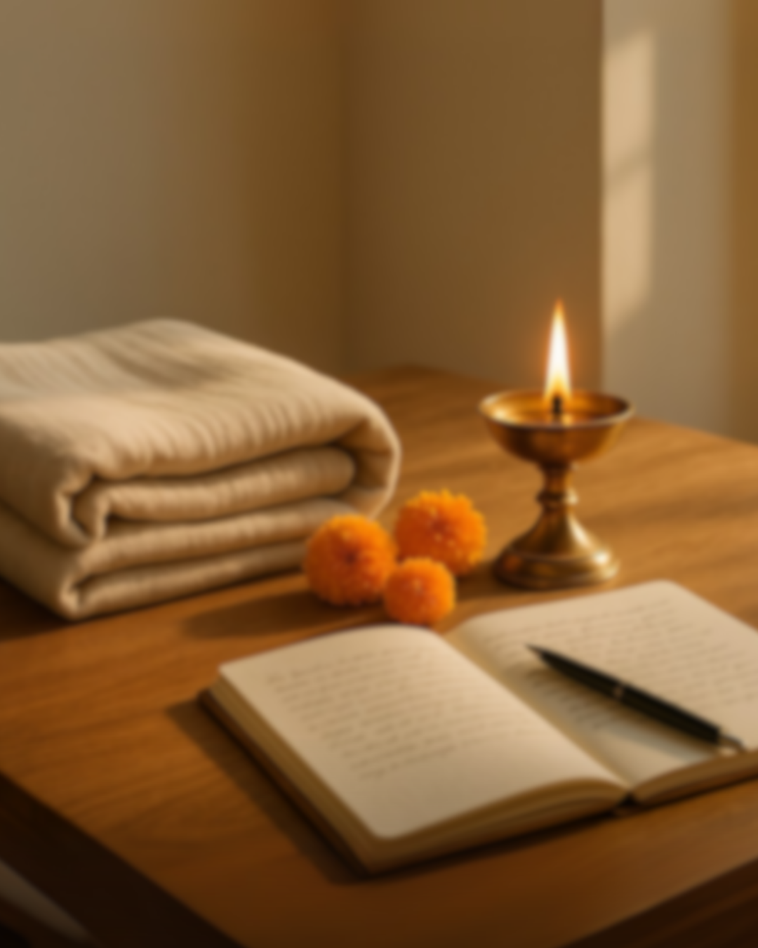 A wooden table with a folded beige blanket, orange marigold flowers, an open notebook with a pen, a brass oil lamp with a lit flame, and a wall in the background.