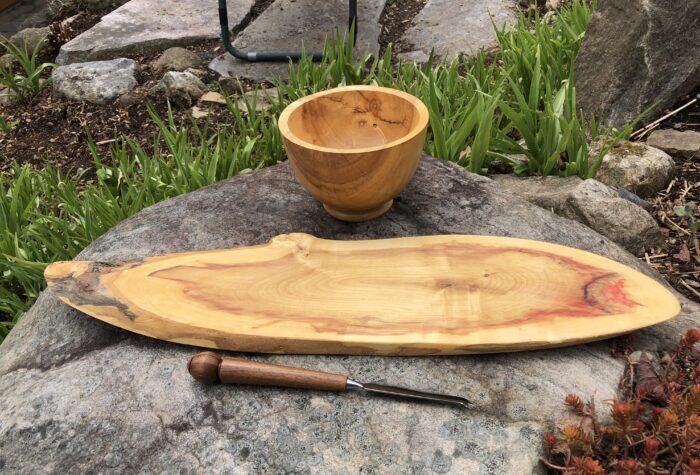  A box elder charcuterie board and bowl with natural red spalting. 