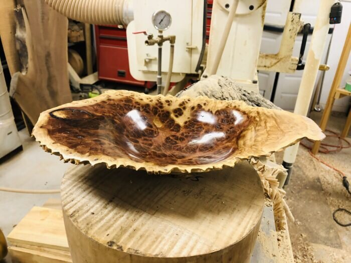  A eucalyptus burl bowl with deep red colouring and graceful lines.  