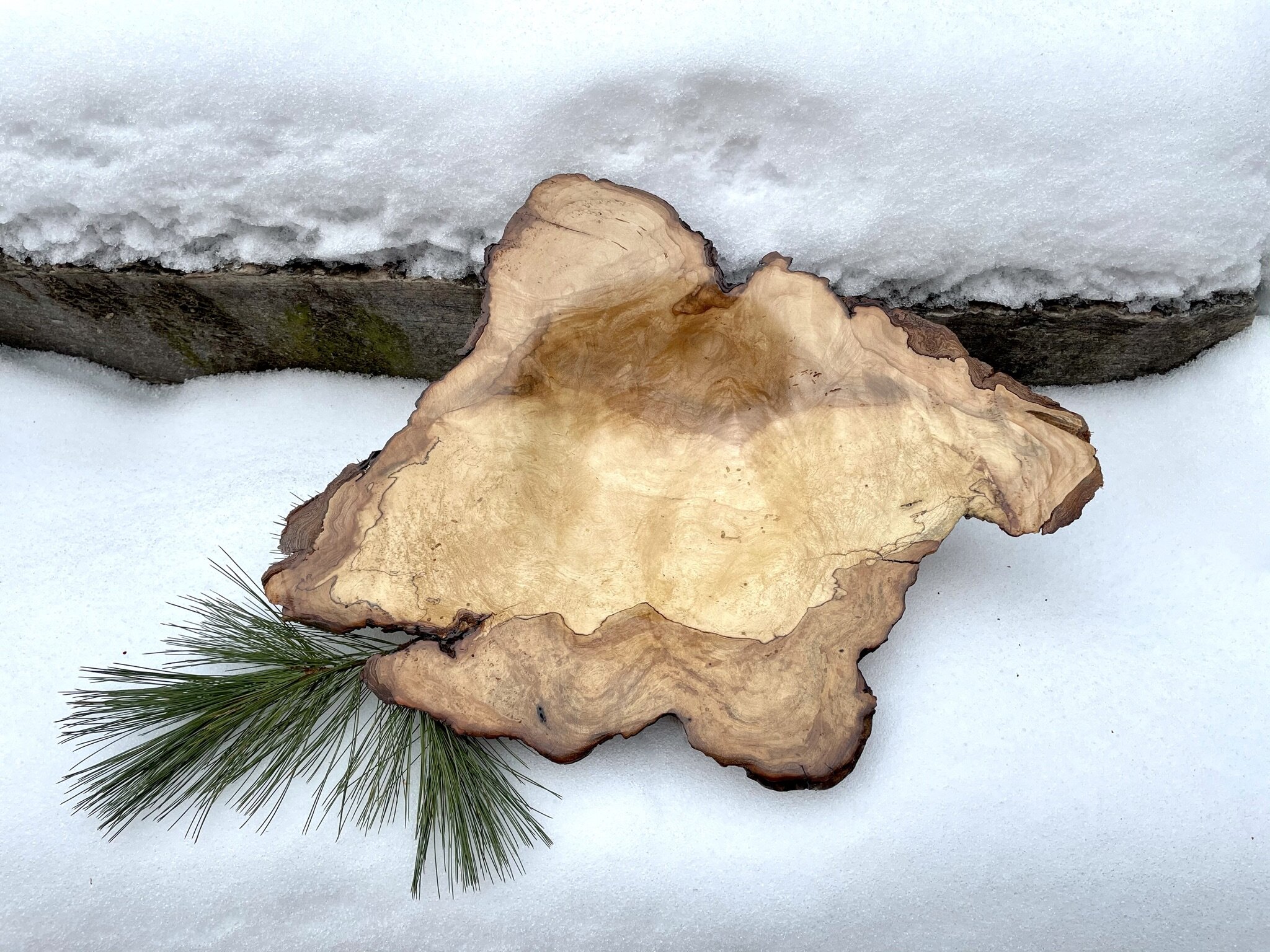  We photographed this Maple Burl Bowl outside on a winter day. The dramatic figuring and spalting are fabulous in this piece.  Maple Burl Bowl 21” x 3” high $600 