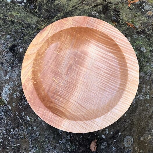  A simple Maple salad bowl has beautiful figuring and a food-safe finish.  Figured Maple Bowl 12.25” x 2.5” high $150 