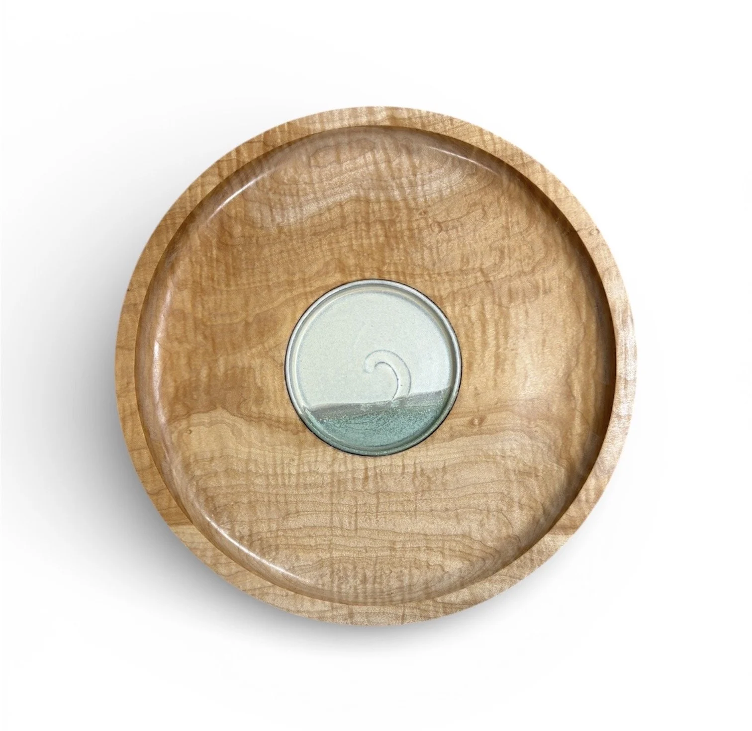 Figured Maple Platter with Pottery Centre
14.5” round x 2.5” deep
$250