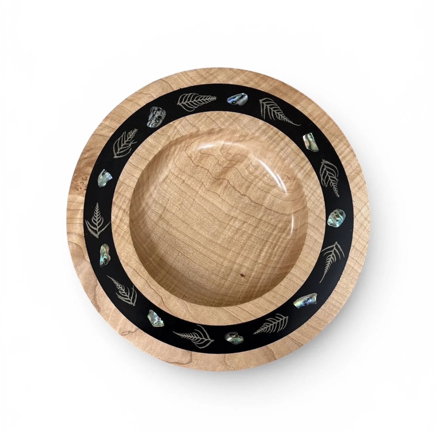 Figured Maple Bowl with Paua Shell and Fern inlay
13.75 round x 2” deep
$500
