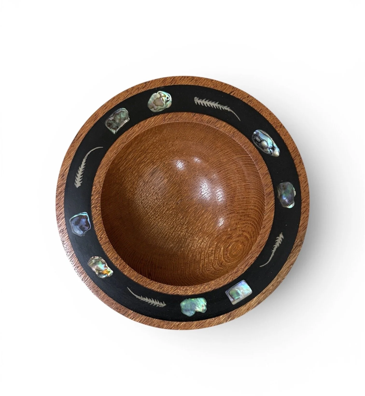 Lacewood Bowl with Paua Shell and Fern inlay
6.5” round x 1.75” deep
$200