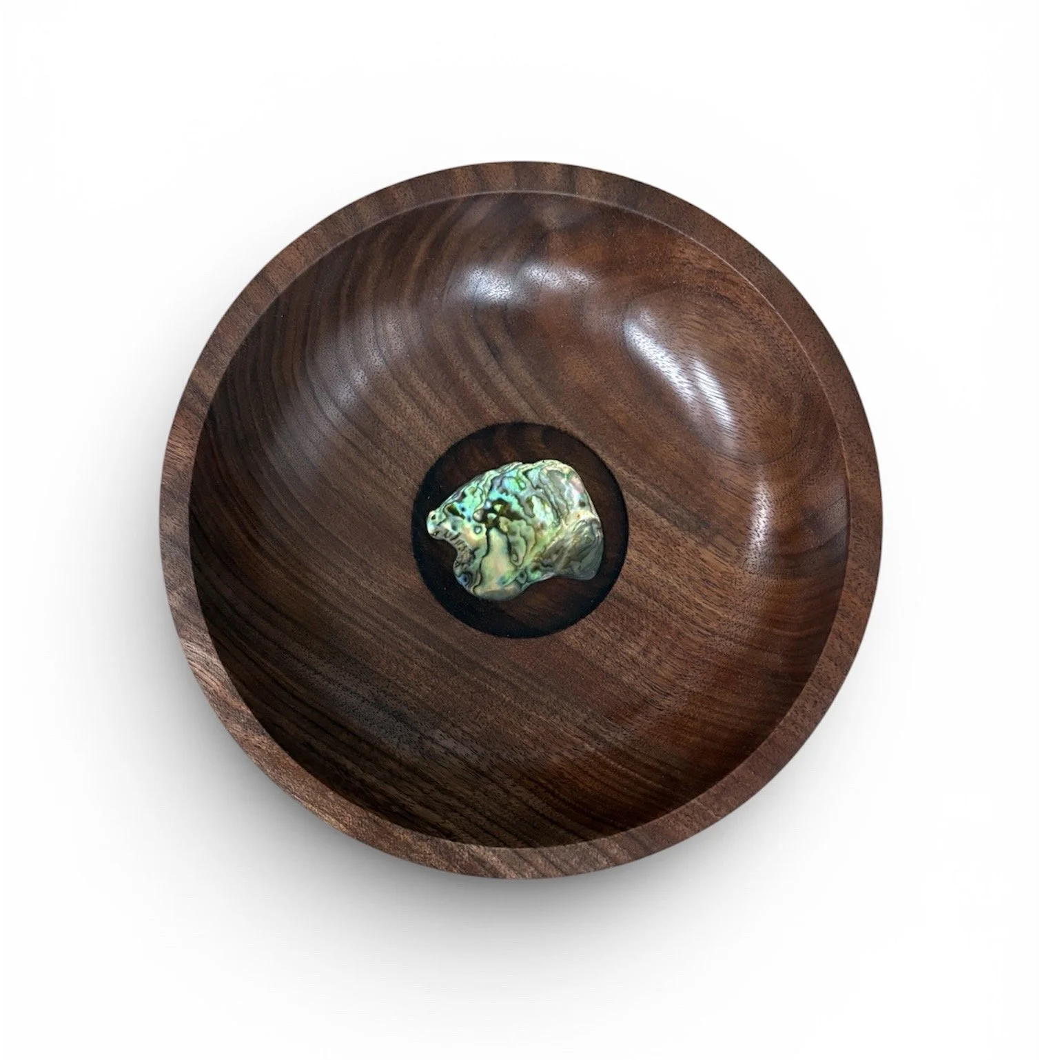 Black Walnut Bowl with Paua Shell Inlay
8” x 2.25” round
$200