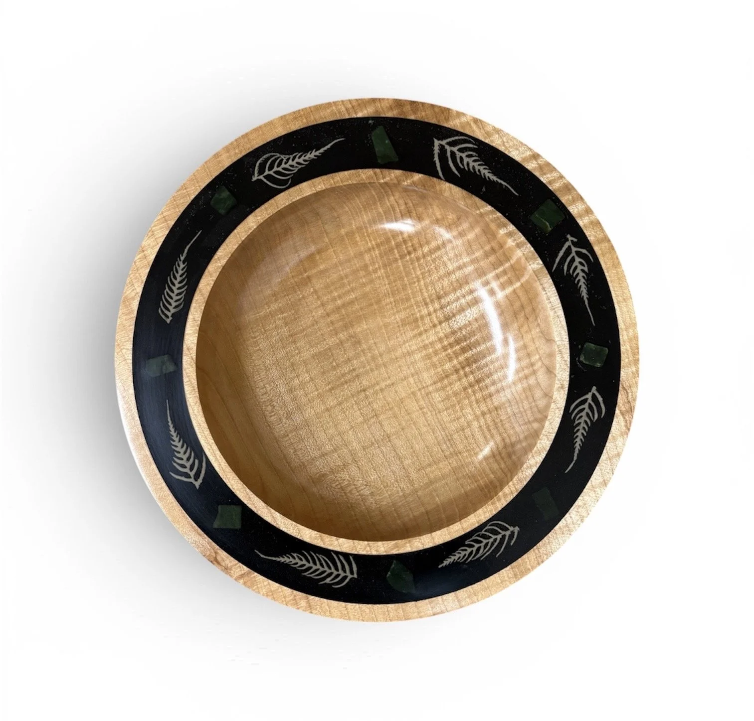 Figured Maple Bowl with Paua Shell inlay
15.75” round x 2” deep
$500