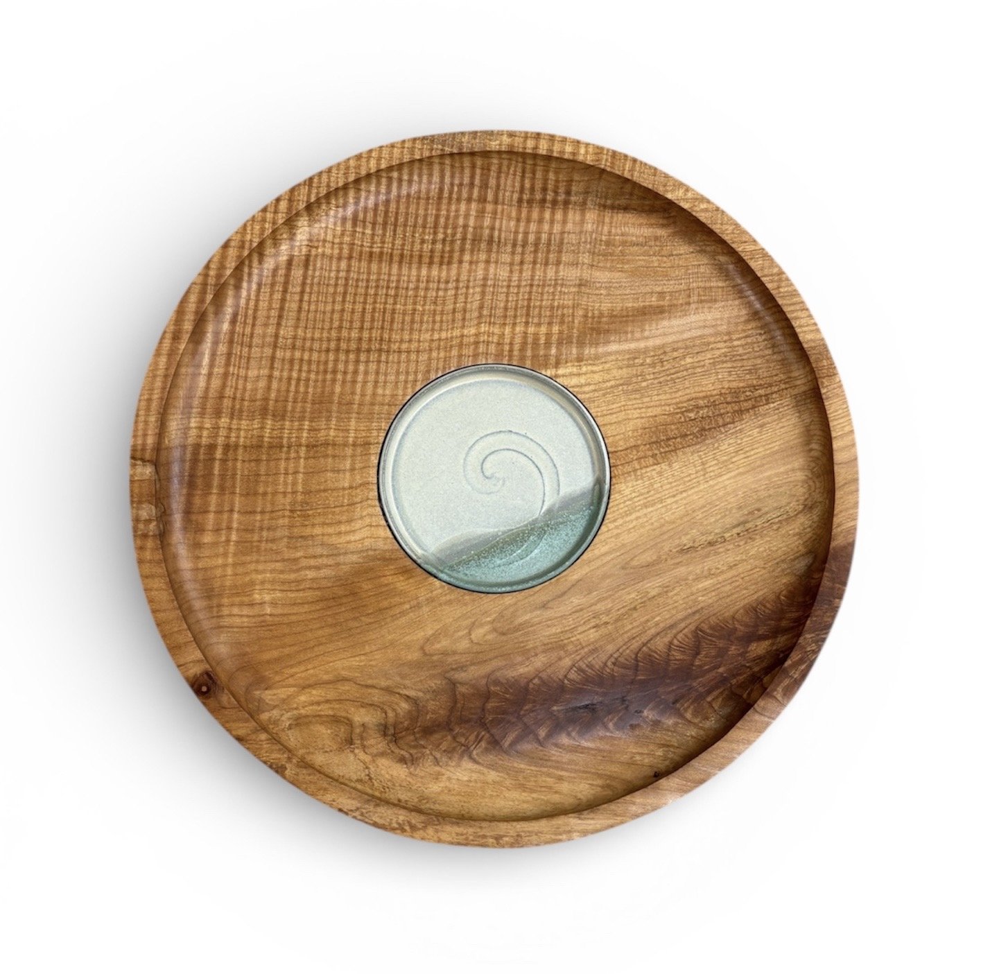 Figured Maple Platter with Pottery Centre
15” round by 2” deep
$250