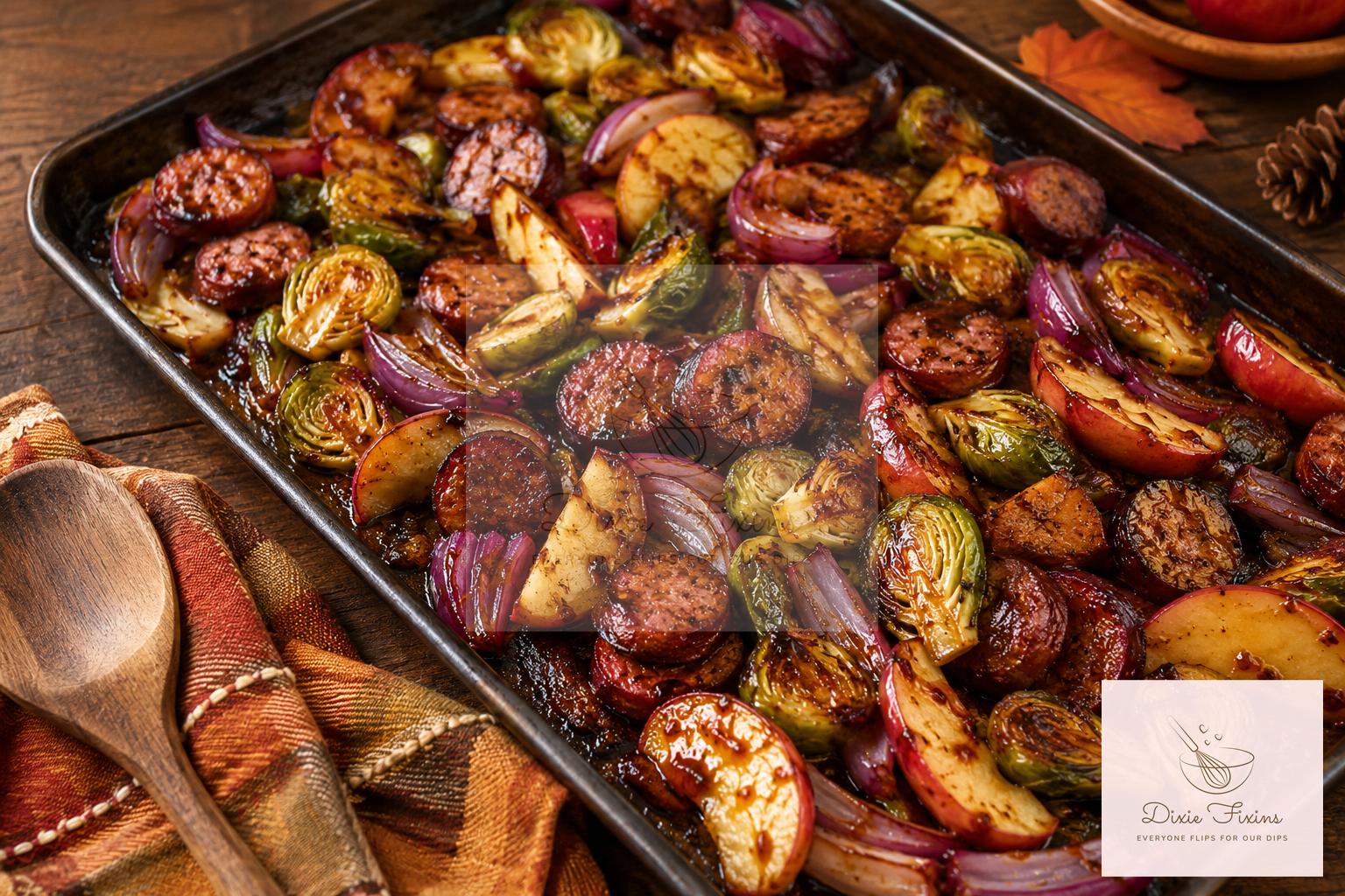 Maple Chipotle Sheet-Pan Sausage, Brussels Sprouts &amp; Apples