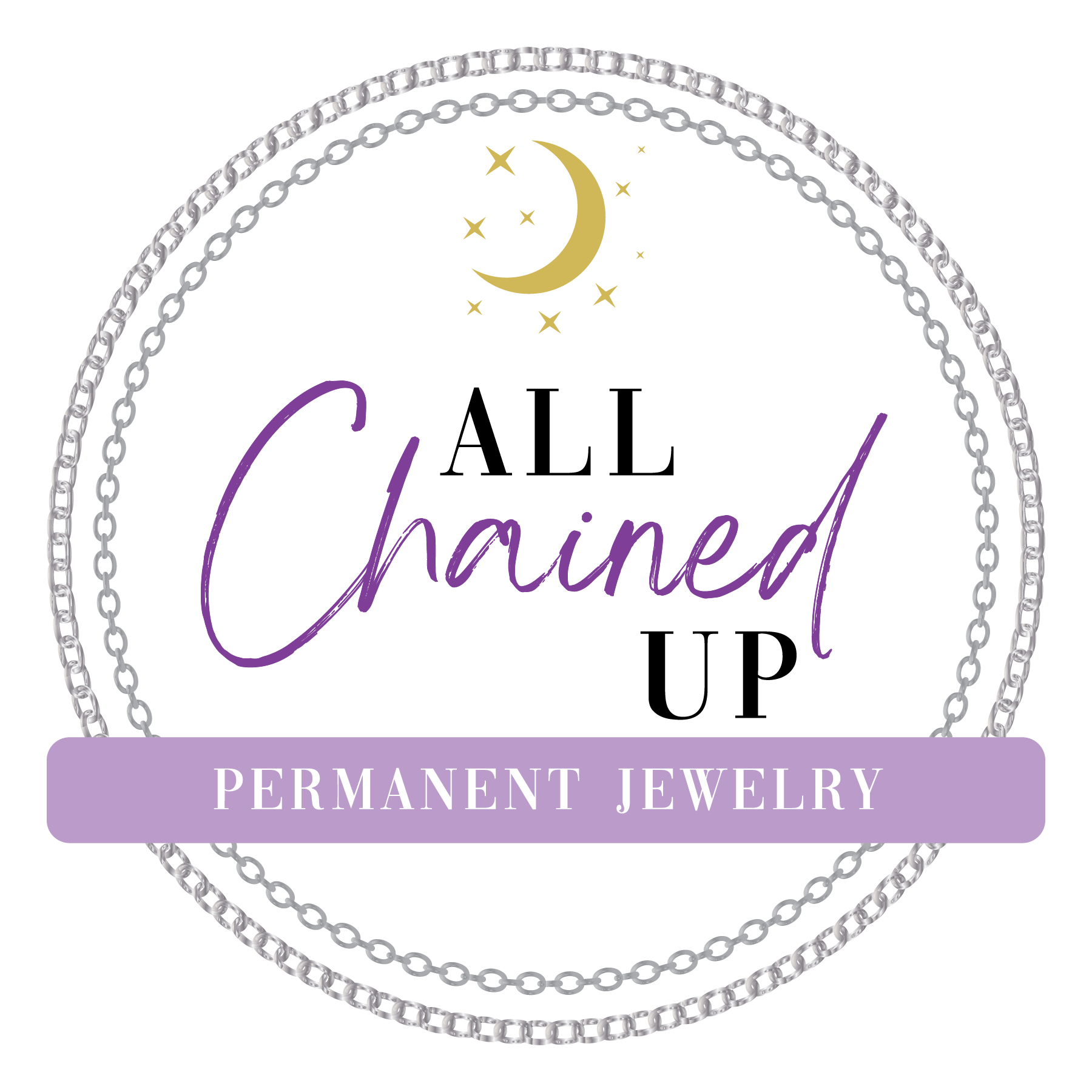 A logo for permanent jewelry featuring a silver chain circle with a purple banner across it that says "PERMANENT JEWELRY." The top section contains a gold-colored heart design.