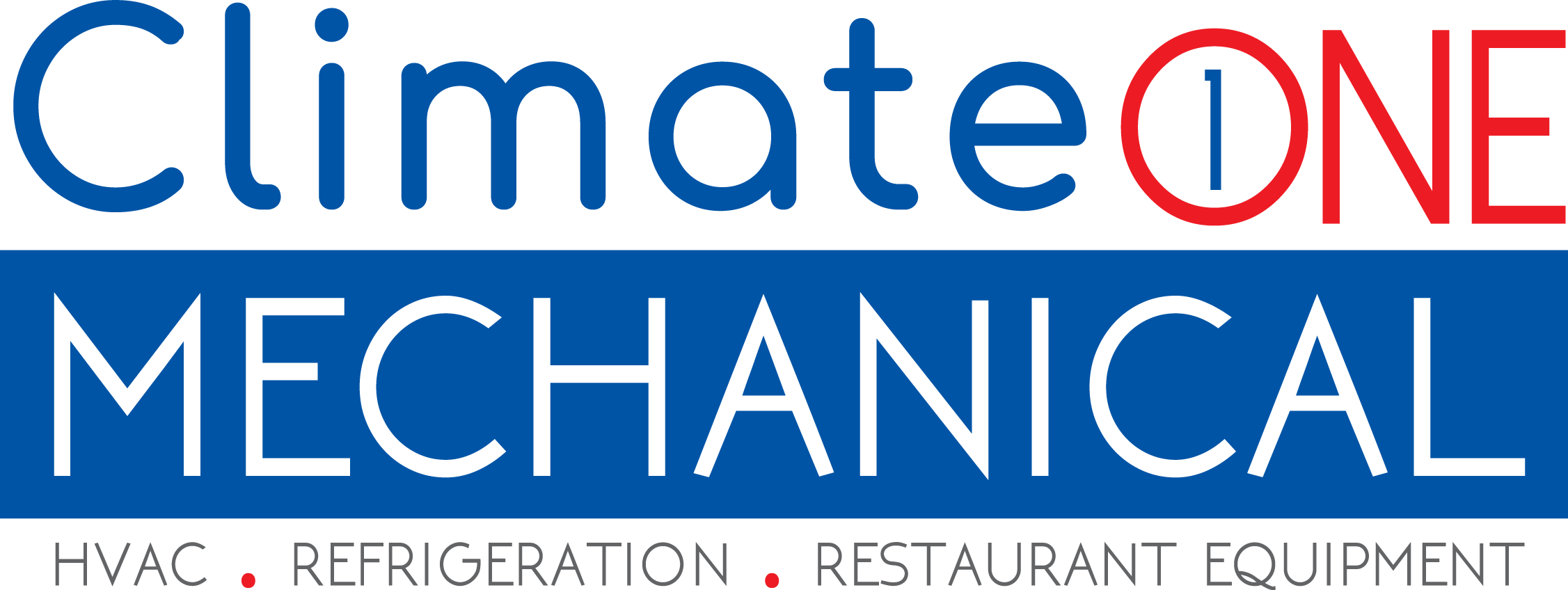 Logo for ClimateONE Mechanical with text in blue, red, and white colors, including the words HVAC, refrigeration, restaurant equipment, separated by red dots.