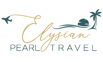 Clysians Pearl Travel logo with a flying airplane, palm tree, and sunset over water.