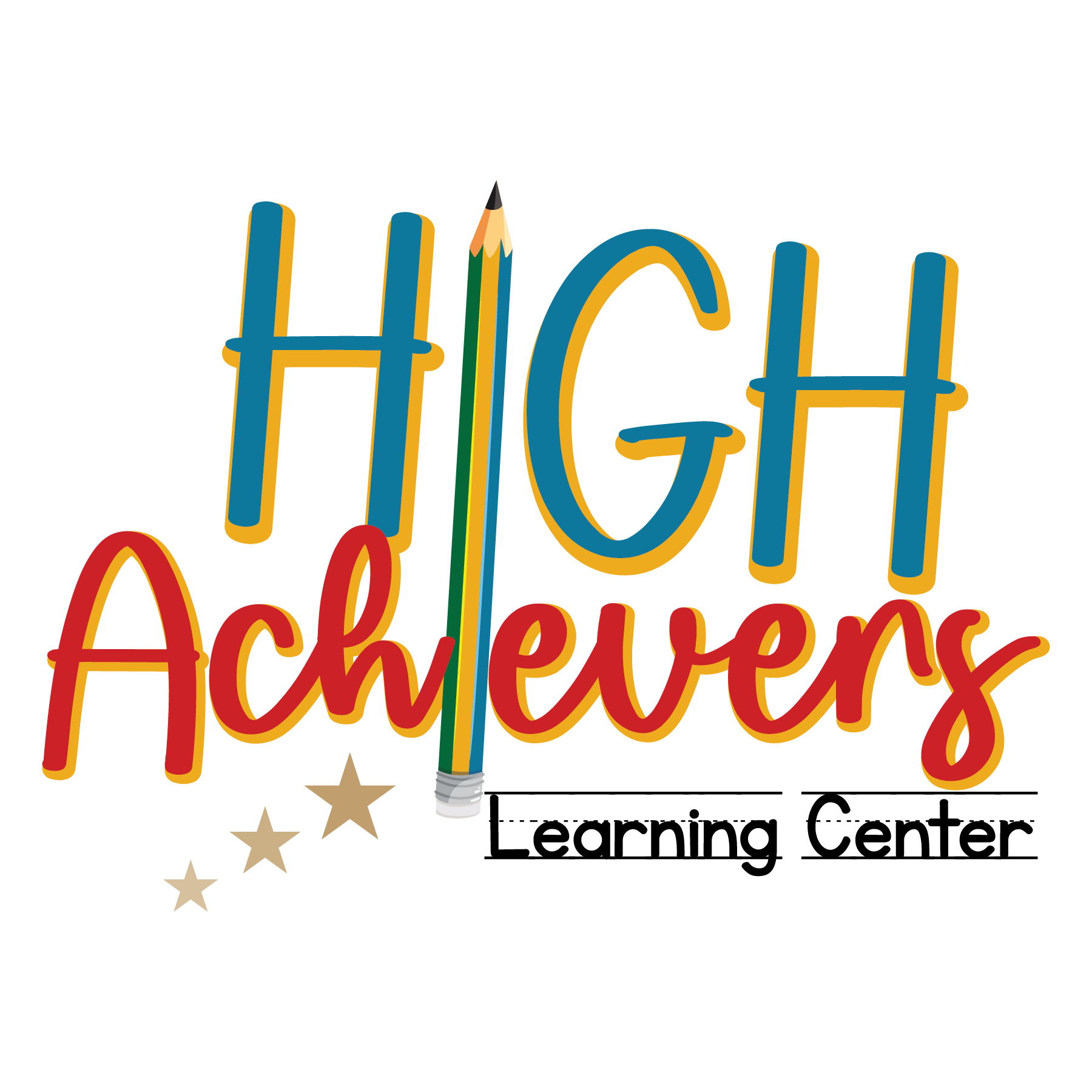 Logo for High Achievers Learning Center with colorful text, a pencil, and stars.