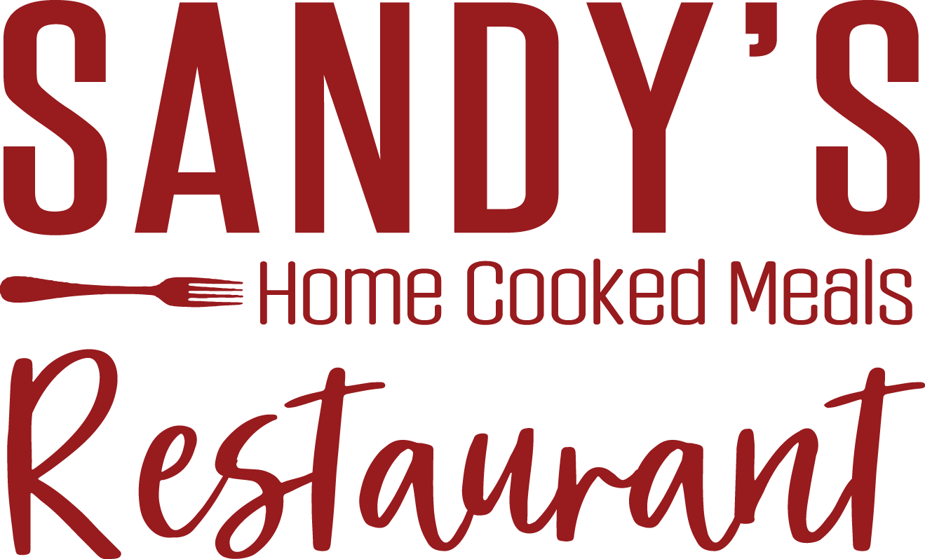 Logo for Sandy's Home Cooked Meals Restaurant featuring a large red text of the name, a lead fork icon, and the words 'Home Cooked Meals' underneath.