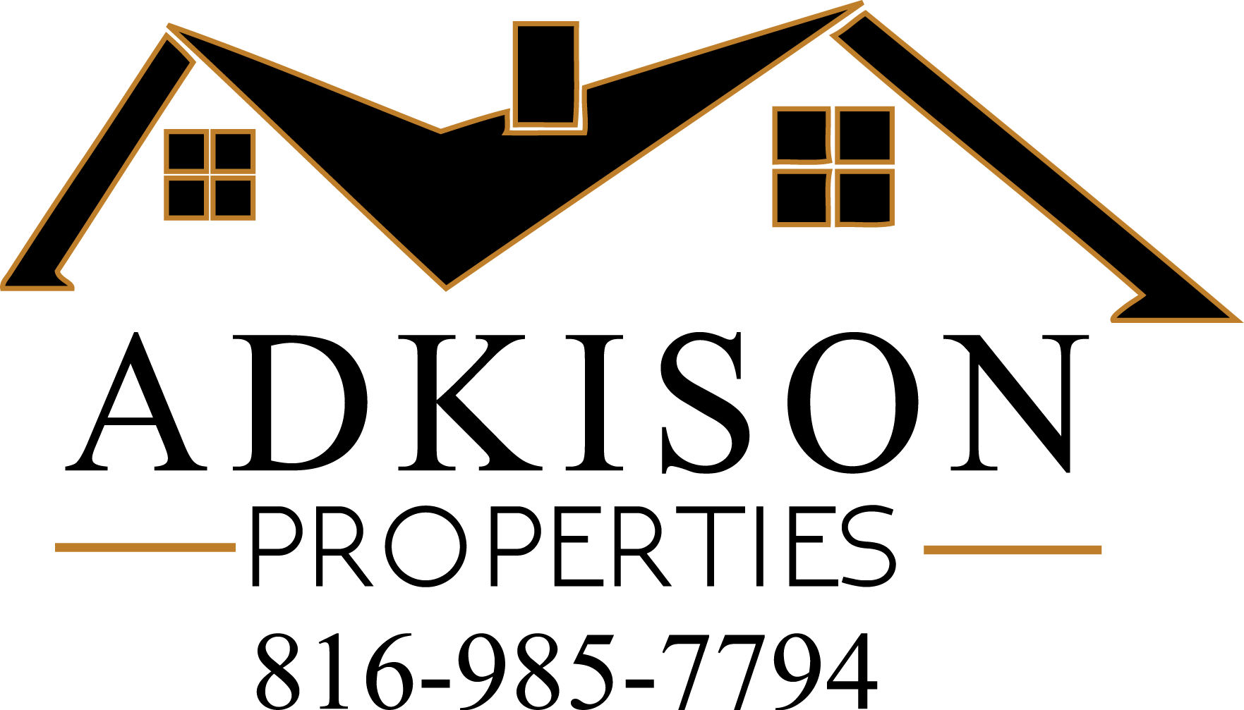 Outline drawing of a house with two chimneys, a gabled roof, and four-pane windows, rendered with gold lines on a black background.