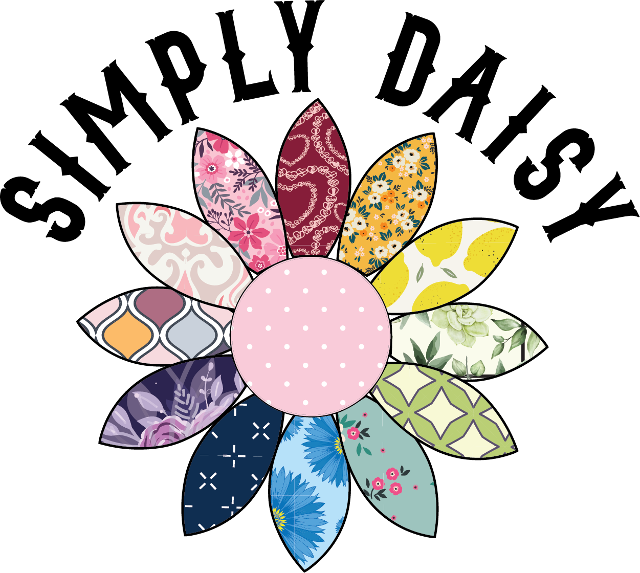 A decorative flower made of 12 petals with various colorful patterns on a black background.