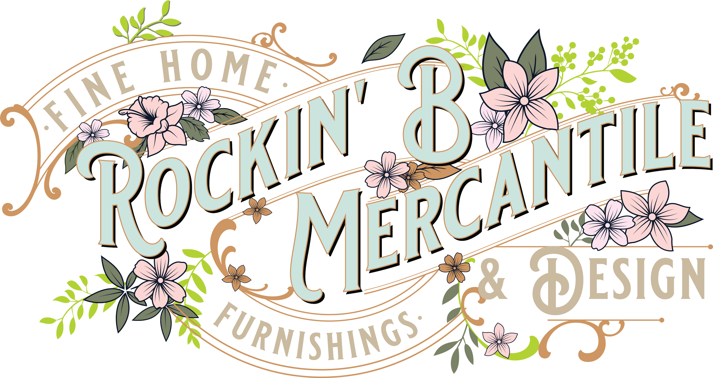 Decorative sign with the text 'FINE HOME, ROCKIN' B MERCANTILE & DESIGN FURNISHINGS' surrounded by pink and purple flowers, green leaves, and ornamental swirls.