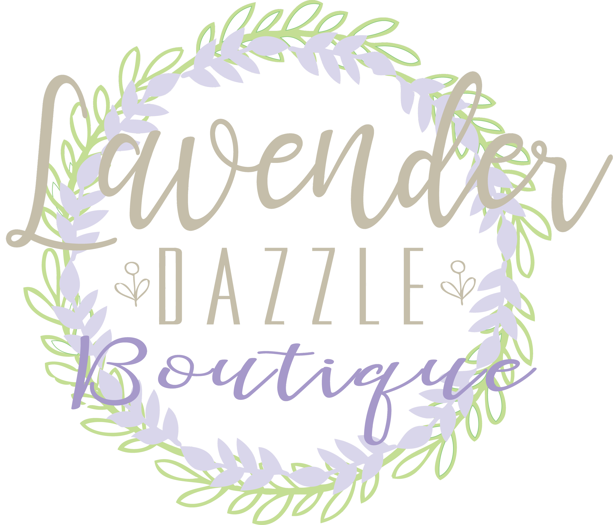 Decorative logo for Lavender Dazzle Boutique with a circle of lavender and green leaves surrounding the text 'Lavender Dazzle Boutique' in stylish script and block fonts.