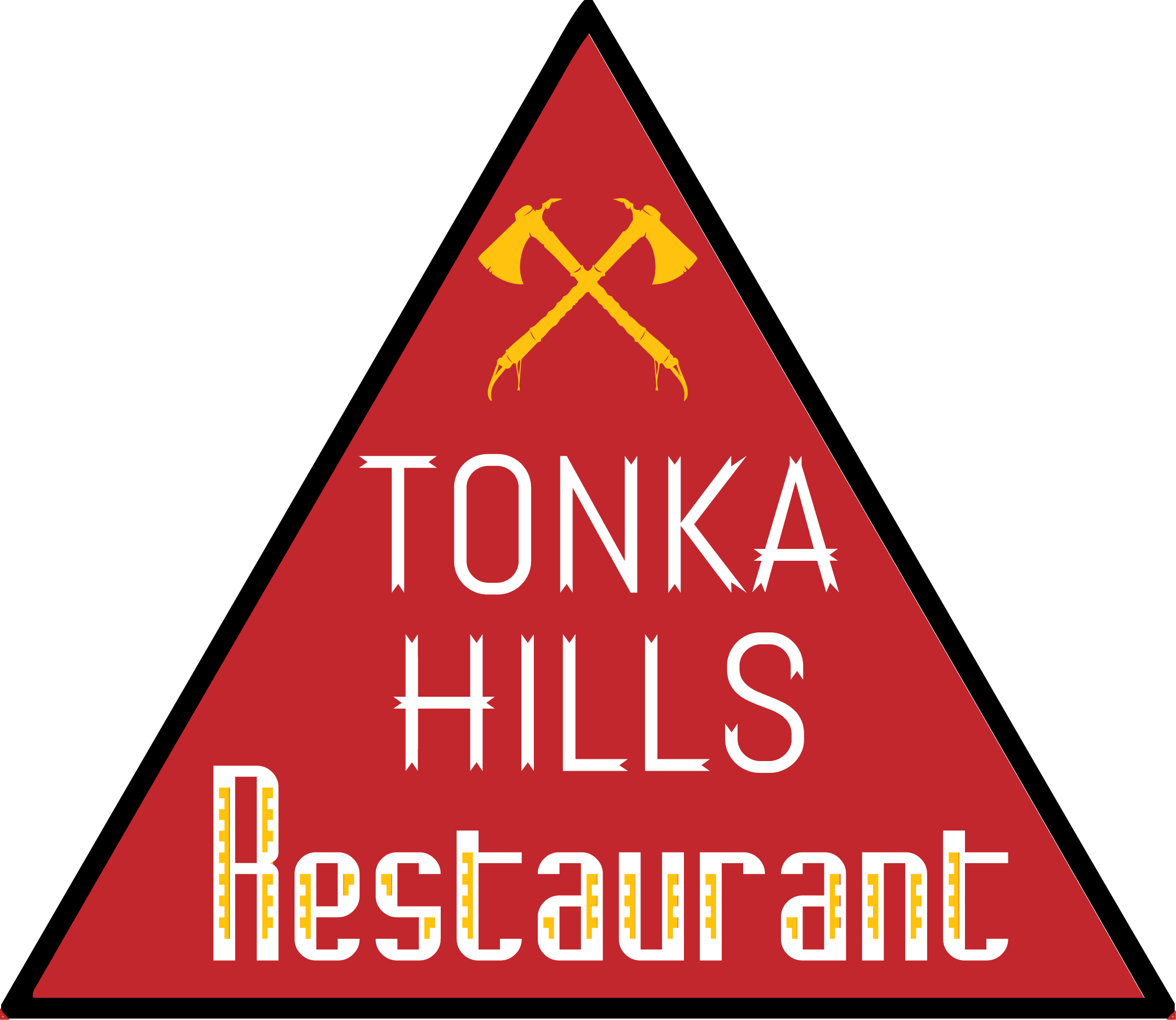 Triangular sign with red background and white and yellow text that reads 'Tonka Hills Restaurant'. Two yellow crossed axes are depicted at the top of the sign.