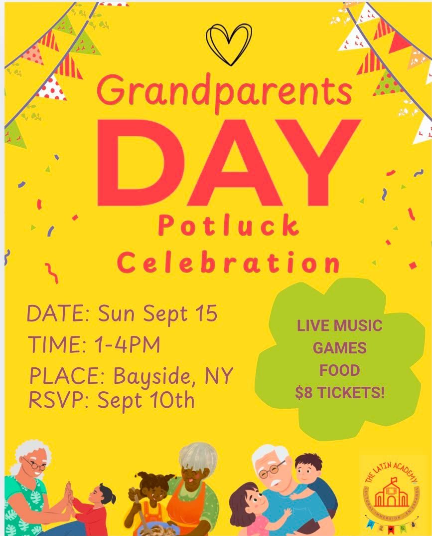granparents with grandchildren a banner and confetti