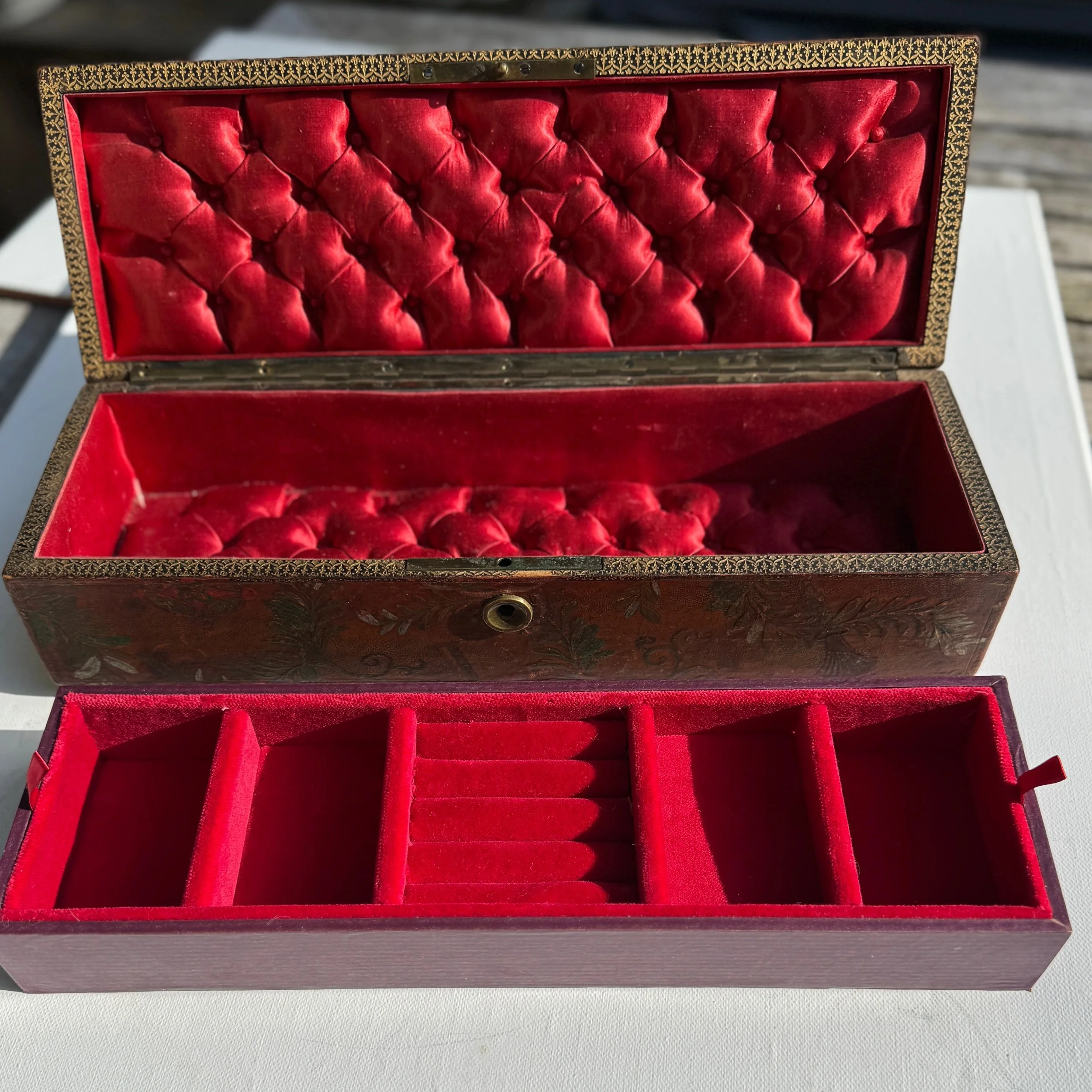 Antique Glove & Jewellery Box in Red Velvet & Silk