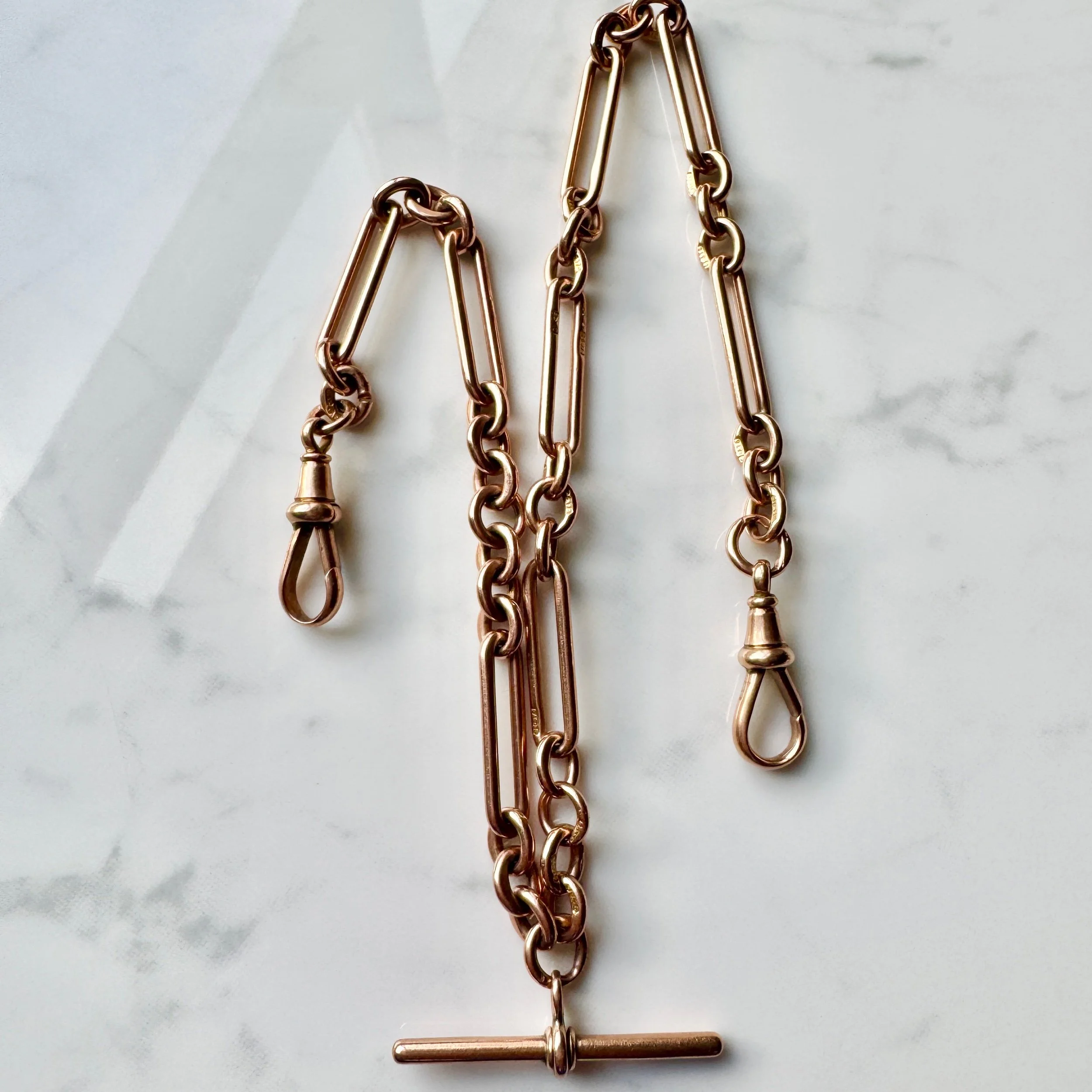 Antique 9ct Rose Gold Double Albert Chain with Trombone Links, 16"