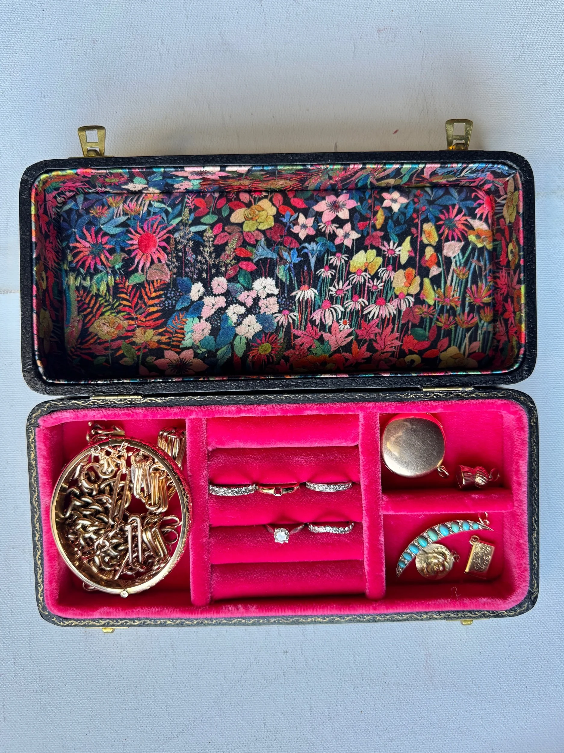 Antique Bright Pink Velvet Jewellery Box with A Liberty of London Lid