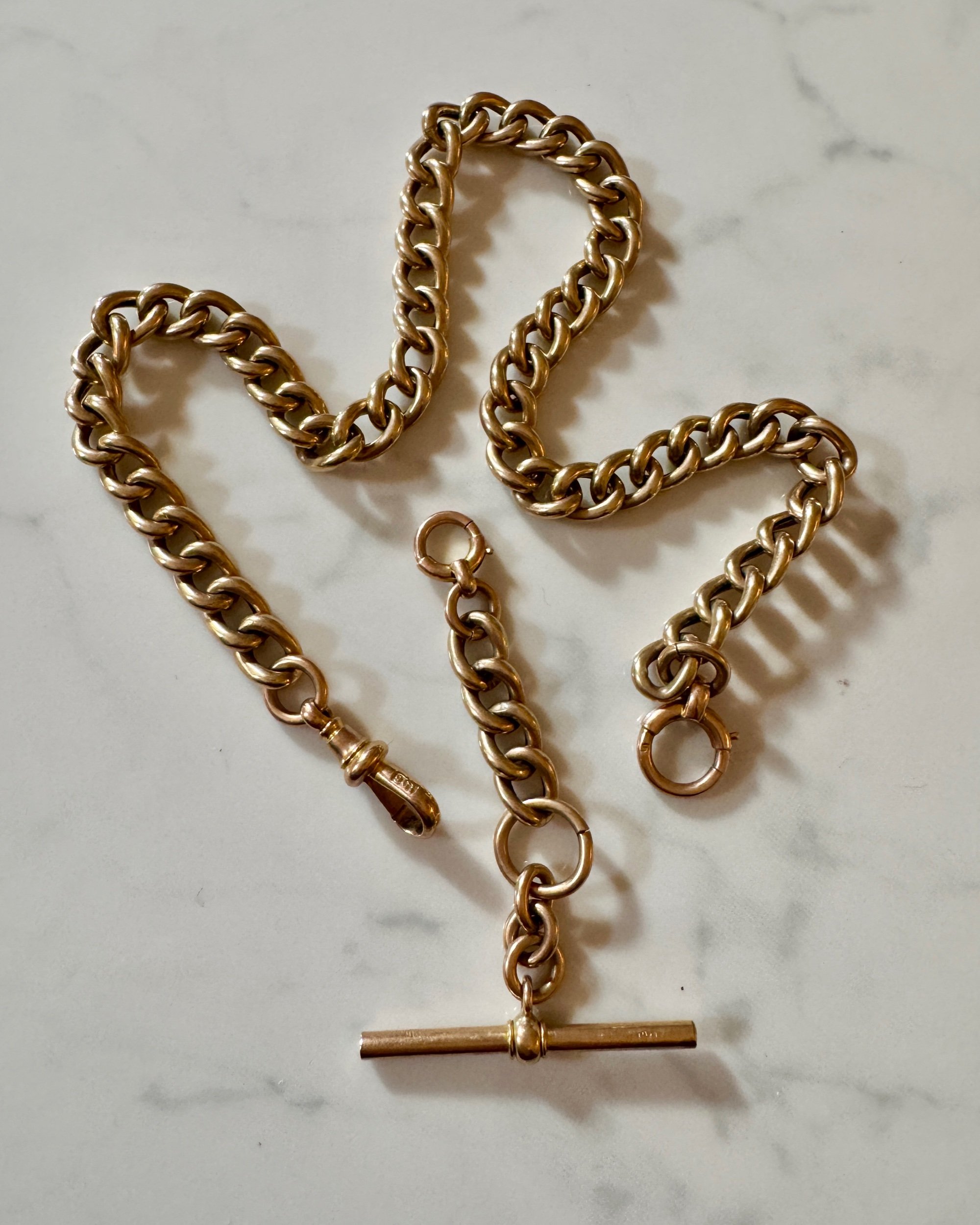 A 16" Antique 9ct Rose Gold Albert Chain with T Bar