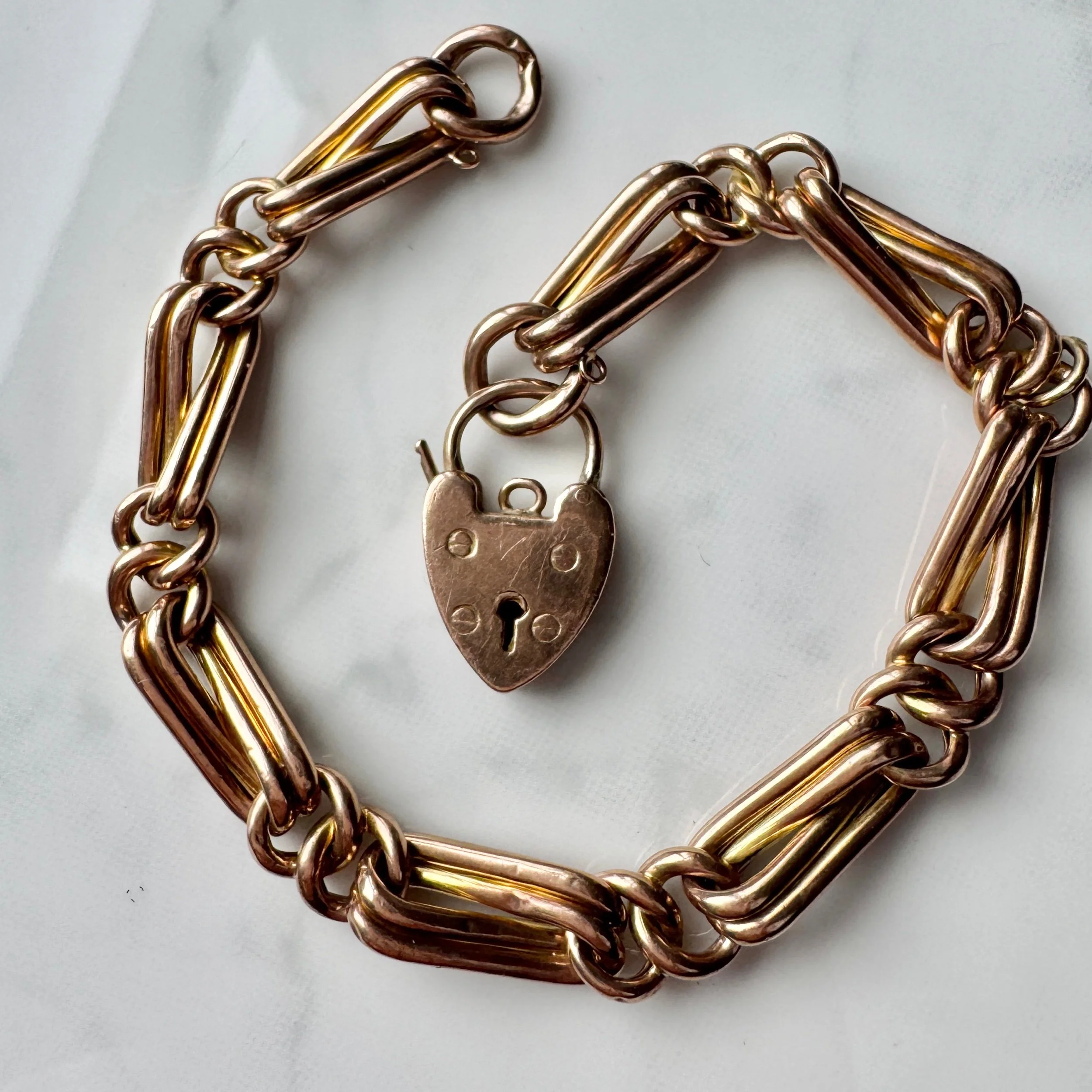 Antique 8" Fancy Link Bracelet with Heart Padlock Clasp, 9ct